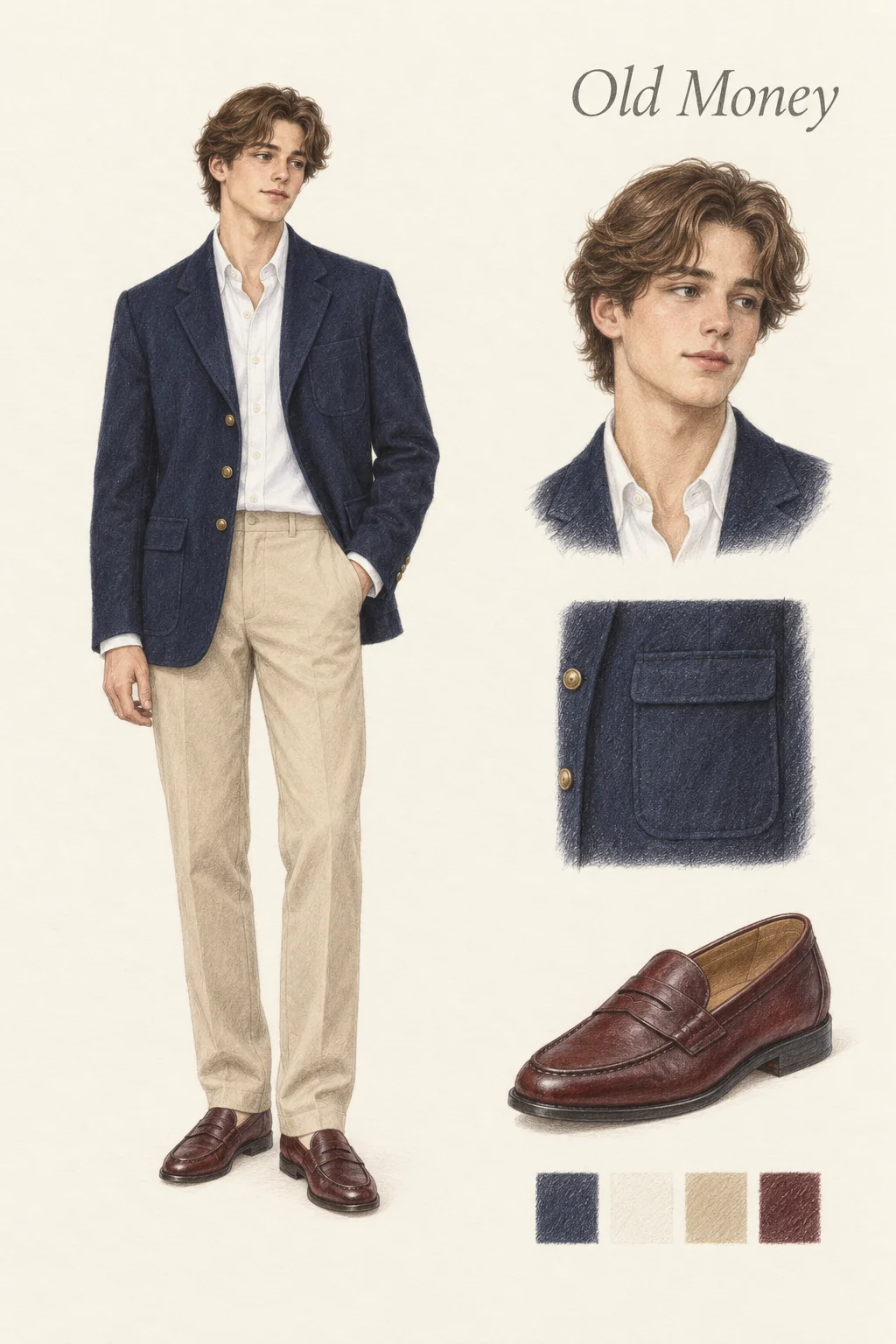 Full-length colored-pencil sketch on warm ivory paper. Youthful clean-shaven face, soft chestnut ear-and-nape waves, natural brows and lips. Matching close portrait; no gray hair or mature facial creases. Soft navy three-button patch-pocket blazer, open white button-down Oxford, stone straight trousers and wine loafers. All hair, relaxed hand, pocket-hand placement and both entire shoes are retained. Separate matching face and clothing studies at right.
