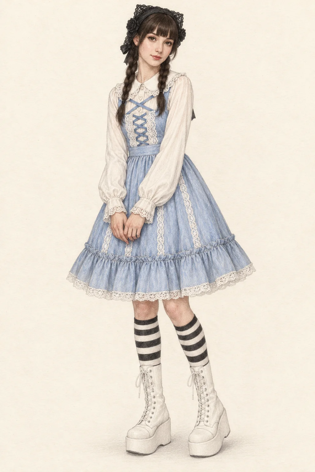 Fictional adult in a sax-blue lace dress, ivory blouse, black headdress, striped socks and white platform boots.