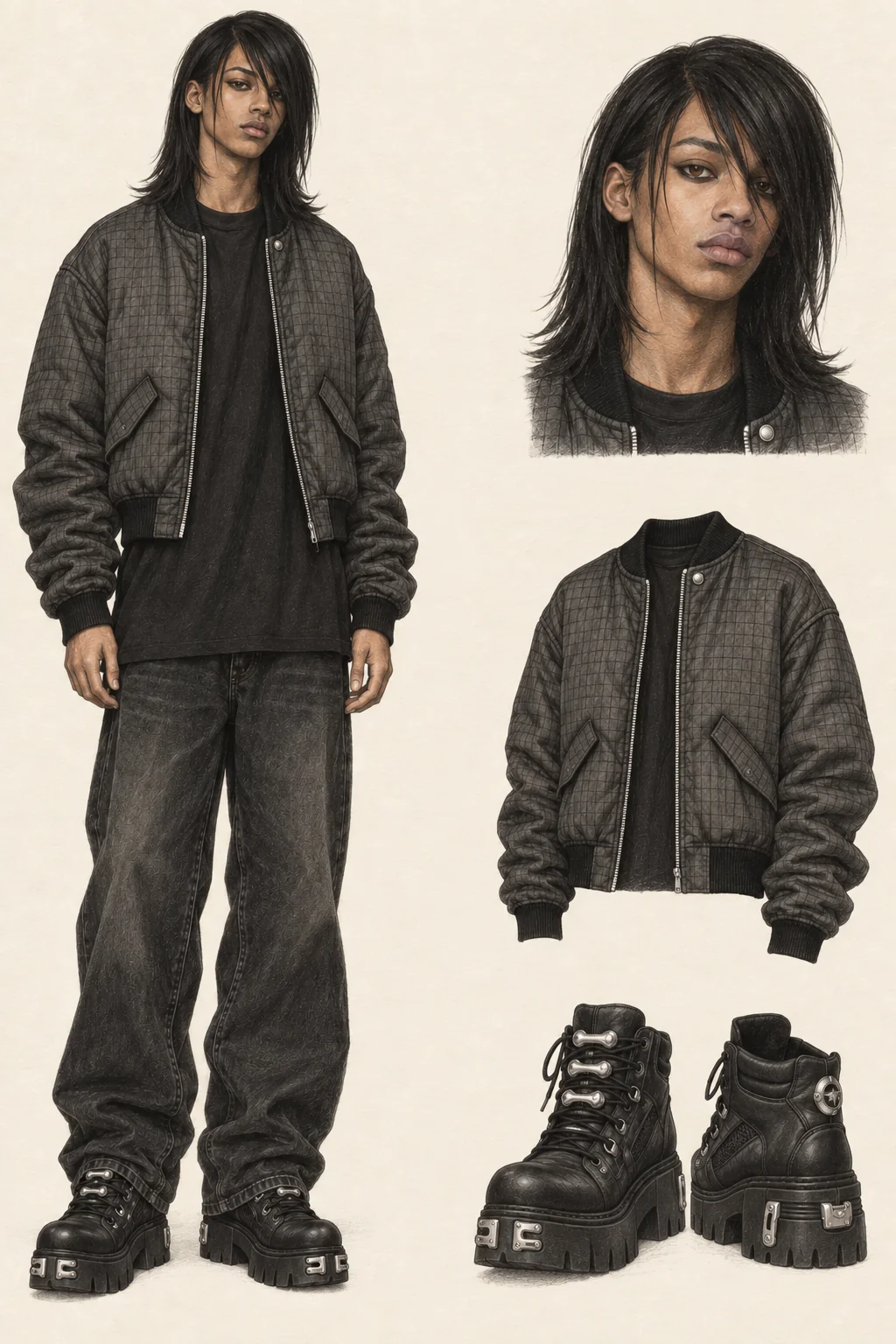 Youthful Opiumcore fashion sketch: cropped black ripstop, long jersey and metal-fitted platforms.