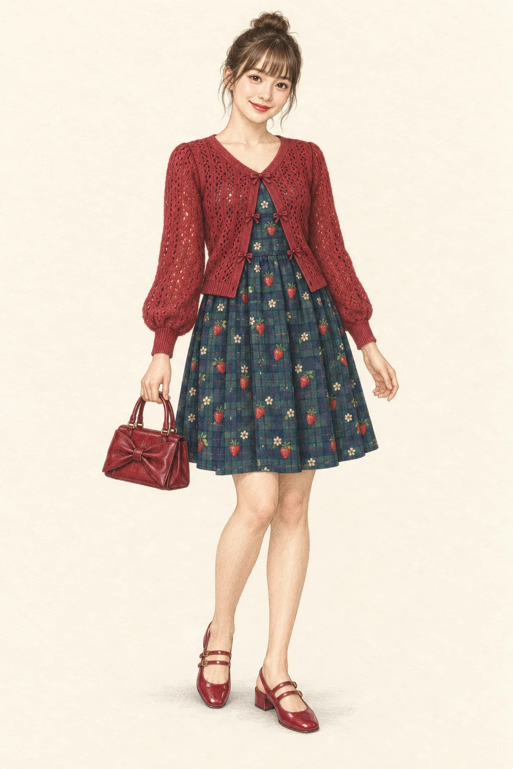 Colored-pencil portrait of a fictional young Japanese woman in a strawberry-check dress, red cardigan, bow handbag and red strap shoes.