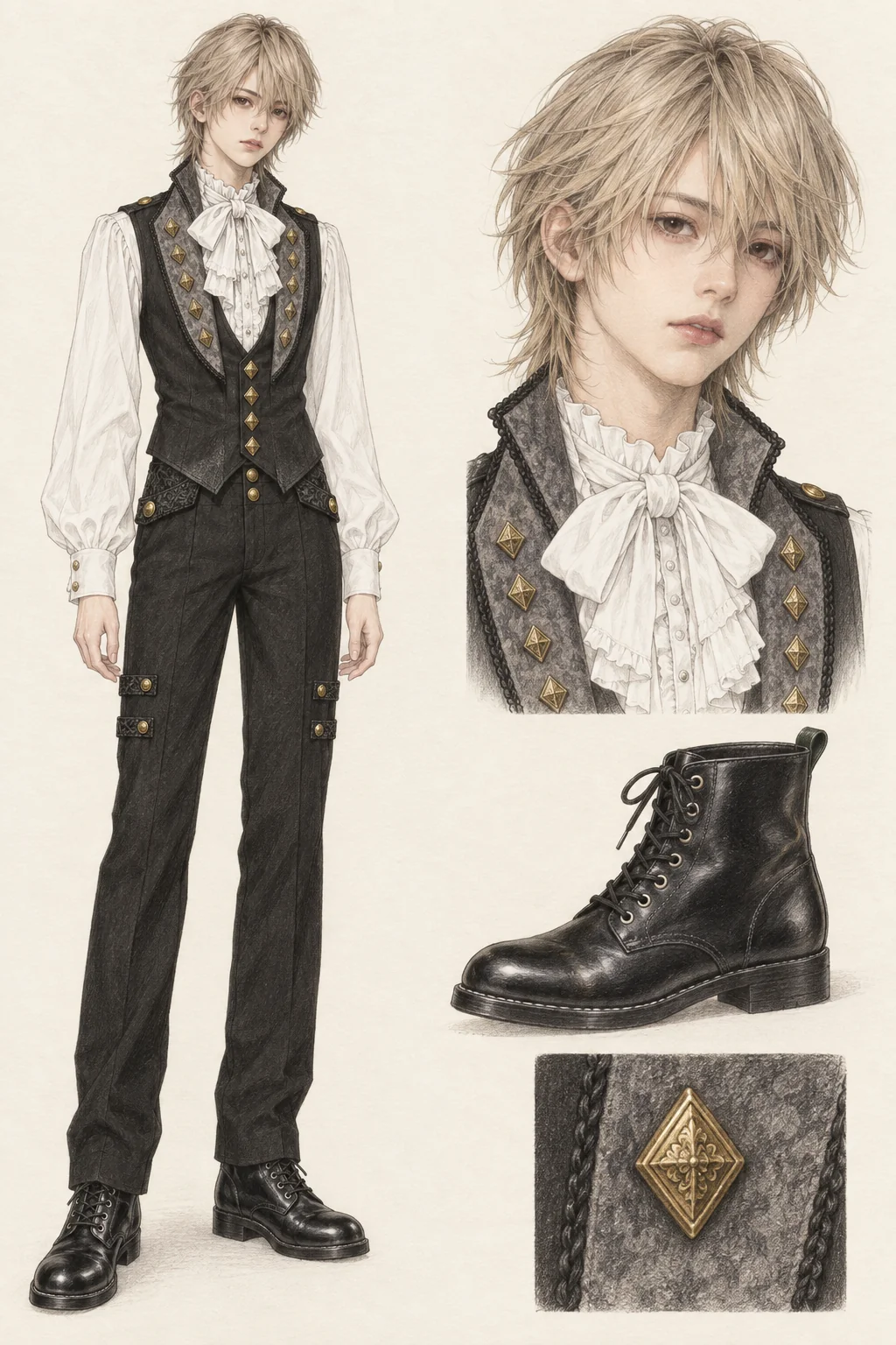 Youthful Ouji fashion sketch with a white bow and gold diamond buttons.