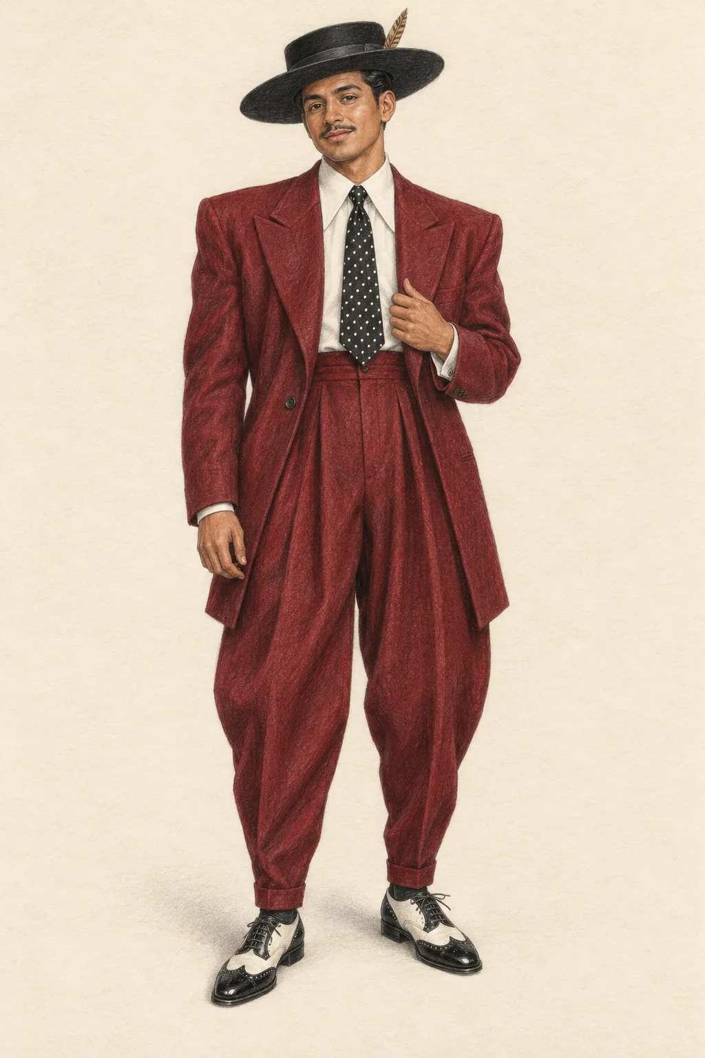 Coloured-pencil portrait of a young Mexican man wearing a red-wine zoot suit, black wide-brim hat, white shirt and black-and-white wingtip shoes.