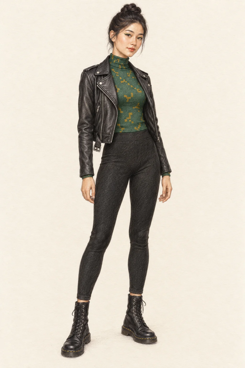 Colored-pencil figure in a green patterned high-neck top, open black leather jacket, black leggings and ankle boots.