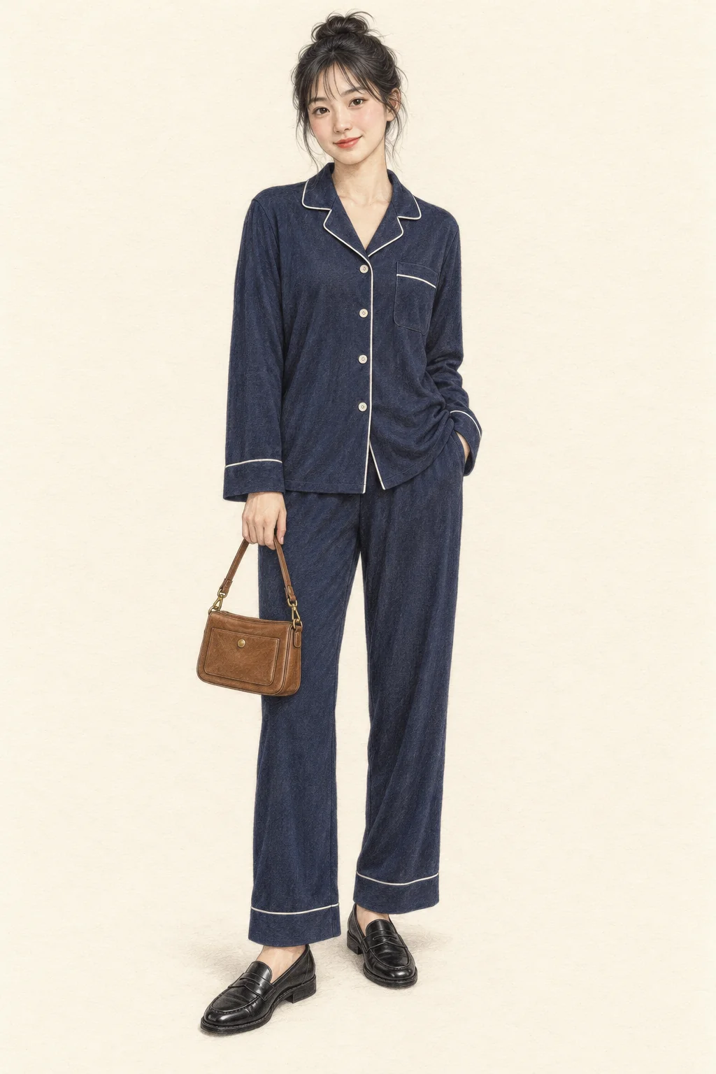 Full-length coloured-pencil illustration of a youthful fictional woman wearing navy ivory-piped pajamas, black loafers and a small cognac bag.