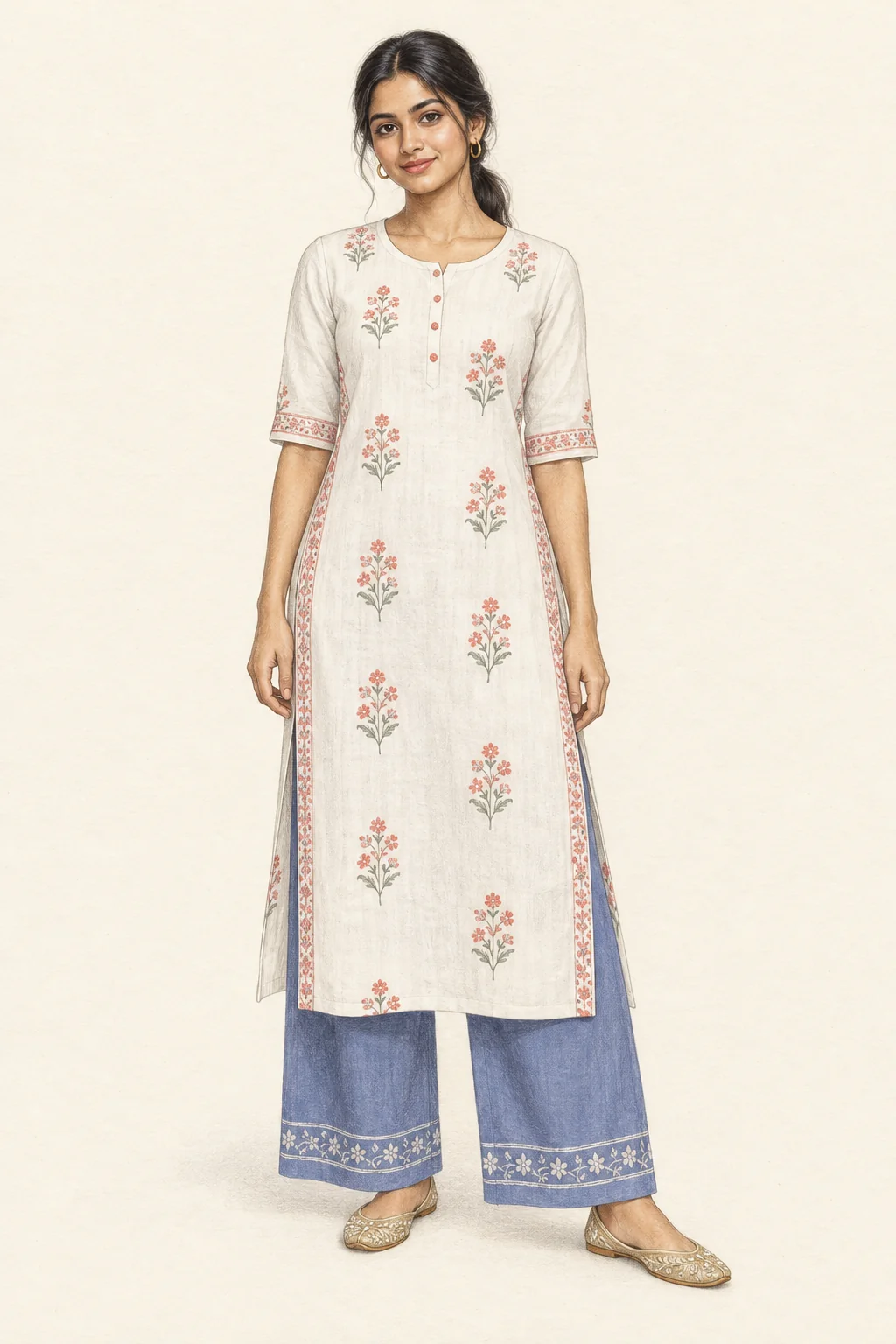 Detailed pencil portrait of a young Indian woman in a pale floral kurta, blue straight palazzos, gold hoops and embroidered flats.