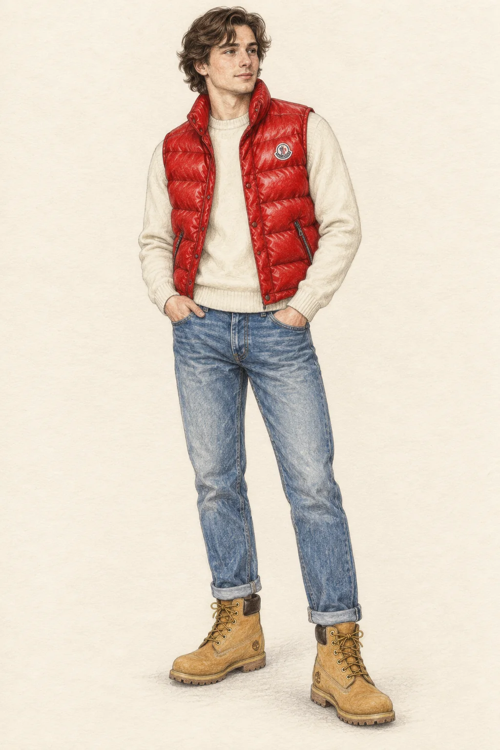 Coloured-pencil fashion sketch of a young young man with wavy brown hair wearing a red quilted gilet, cream jumper, cuffed blue jeans and wheat boots on ivory paper.