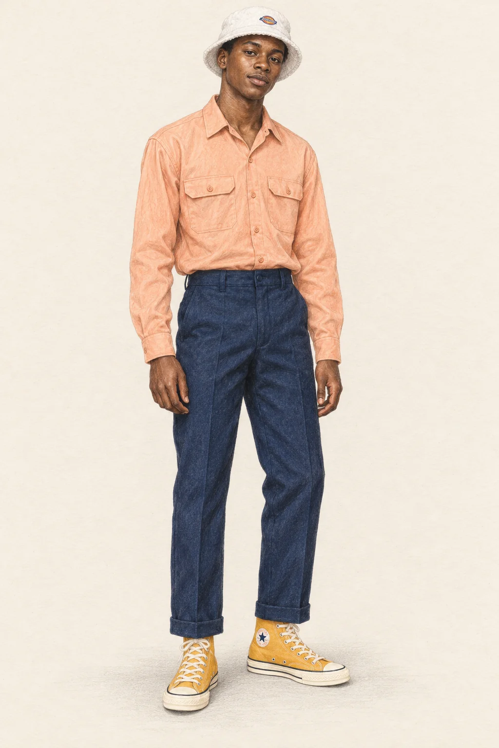 Realistic coloured-pencil full portrait of a slim young Black South African man in a peach work shirt, navy trousers, white bucket hat and yellow canvas high-tops on ivory paper.
