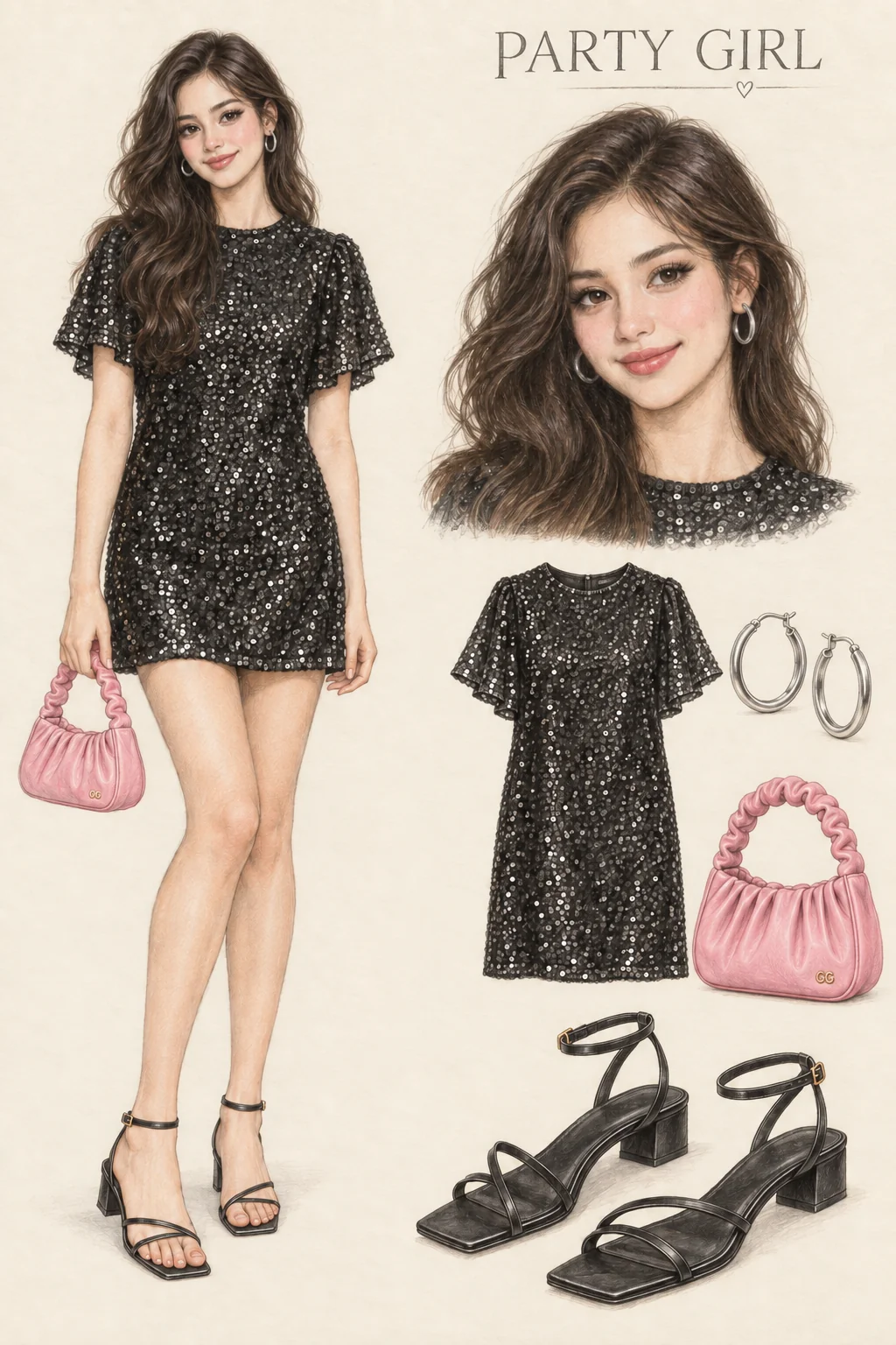 Full-length colored-pencil fashion sketch on warm ivory paper. Clearly youthful young adult face, long voluminous dark waves, softly smoky eyes, rose cheeks and glossy pink lips. Naturally slim proportions and softly drawn slender legs, ordinary non-erotic dressed-up pose. Round-neck flutter-sleeve black sequin mini, silver hoops, small pink ruched bag and low black square-toe strappy sandals. Final v3 crop preserves complete sleeve edges, hair, both hands, entire bag and both shoes; detached dress study moved right.