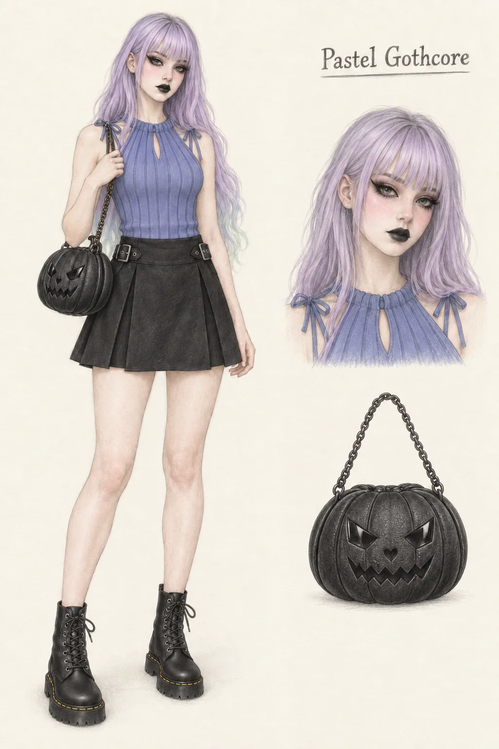 Full-length colored-pencil fashion sketch on warm ivory paper. Fictional youthful 19-year-old woman with light skin, long lavender hair, black lips and liner, slender softly shaded legs and healthy natural proportions. Illustrated look: blue-lavender ribbed top + black broad-pleated mini + black lace-up boots + pumpkin bag, with long lavender hair, black liner and black lips. Separate face and garment detail studies appear to the right.