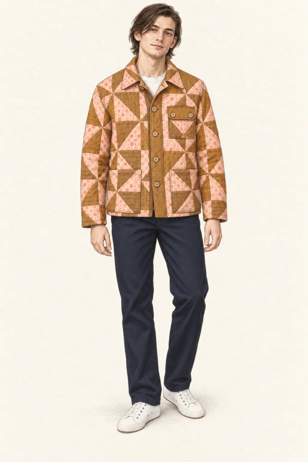 Full-length colored-pencil drawing of a young adult in an ochre and peach patchwork quilt jacket, white tee, navy chinos and white canvas sneakers on ivory paper.