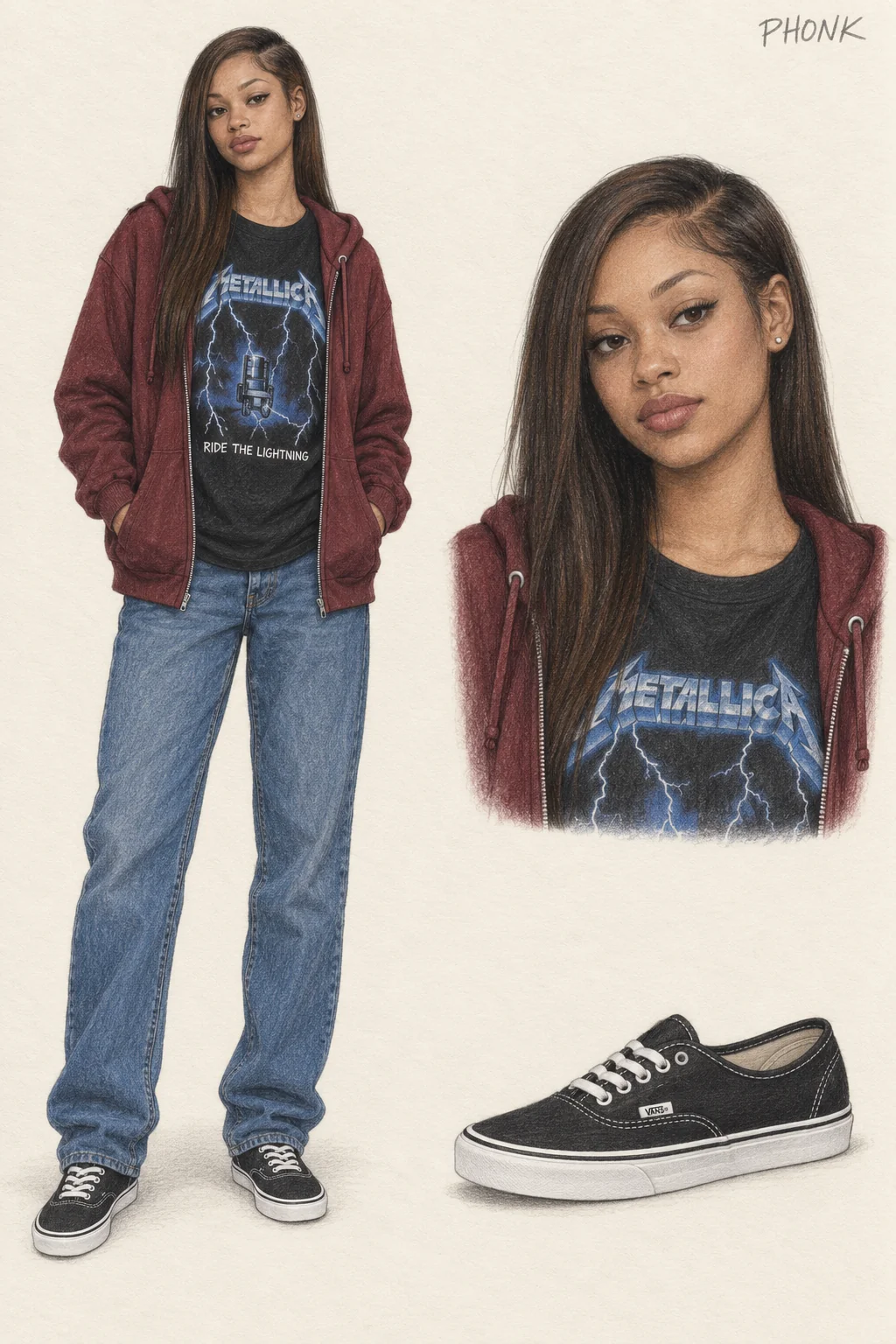 Colored-pencil fashion sheet of a youthful woman with long straight dark hair, maroon zip hoodie, black music tee, relaxed blue jeans and black canvas shoes, with matching portrait and shoe study.