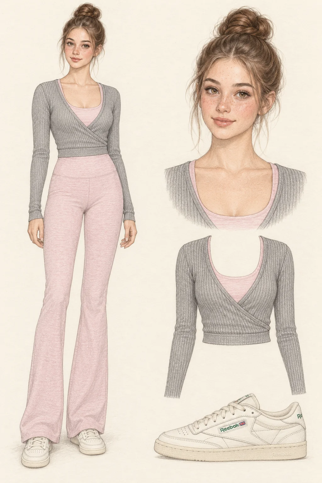 Youthful Pilates Princess fashion sketch: blush flares, a gray wrap and a ballet bun.