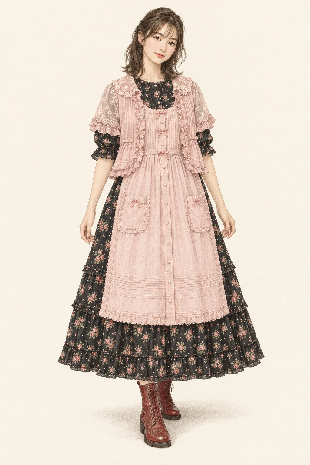Full-length coloured-pencil illustration of a woman in a black rose-print layered dress, pale pink apron and lace bolero with red lace-up boots.