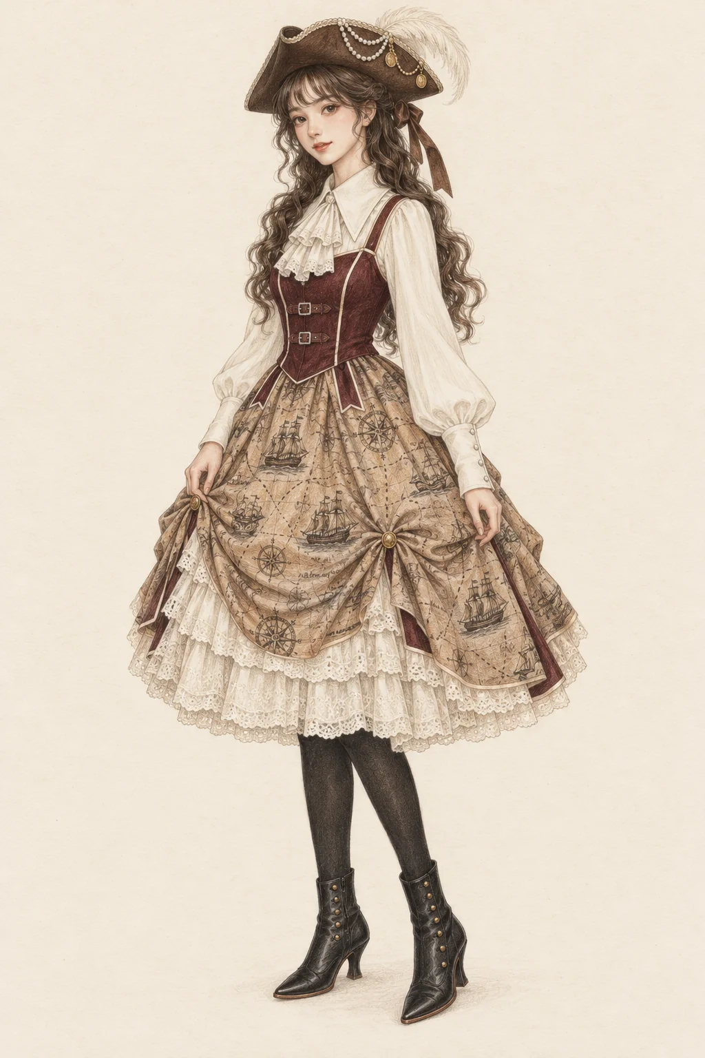 A woman in a wine-and-parchment Pirate Lolita dress, ivory blouse, brown tricorn and black button boots.