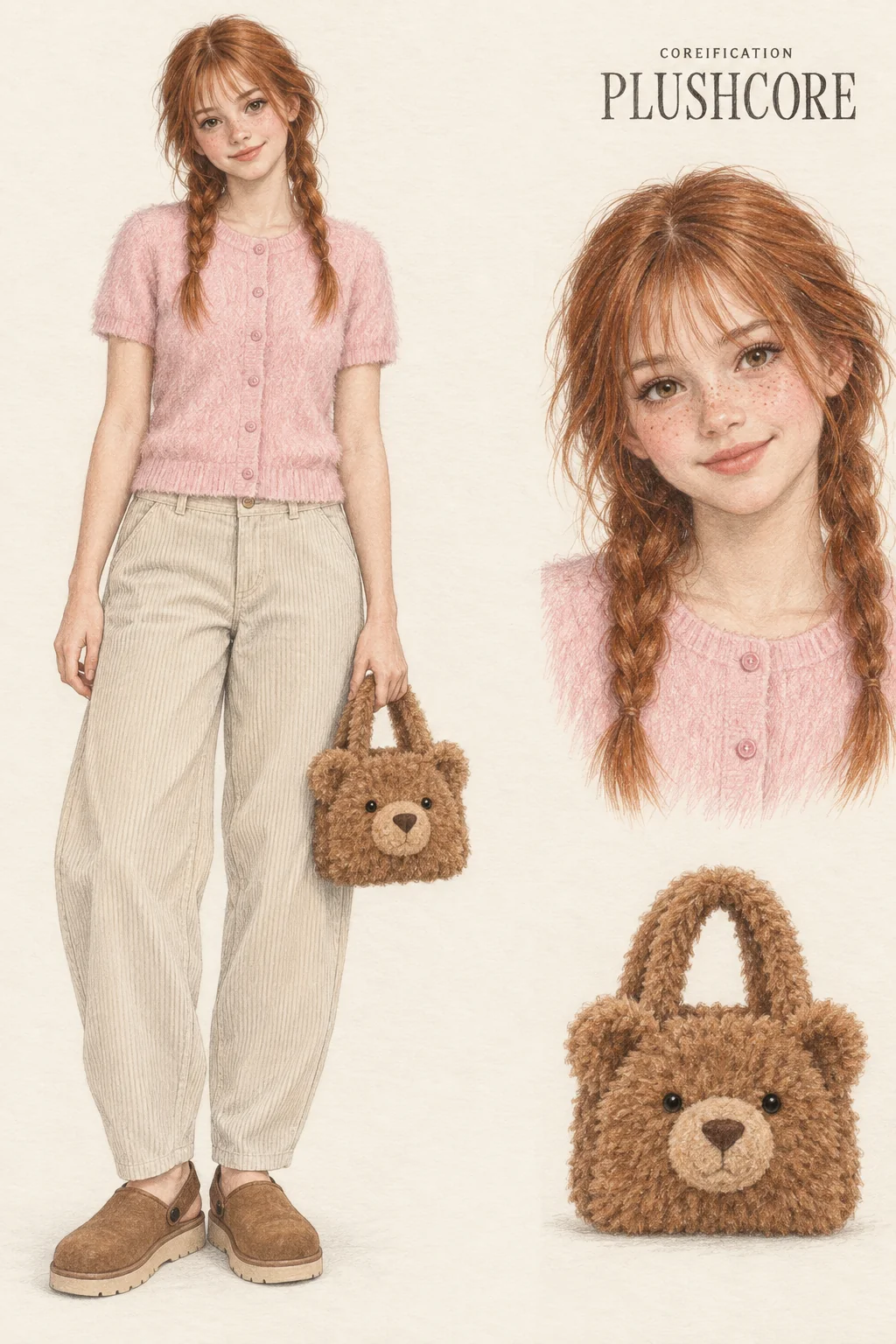 Detailed colored-pencil Plushcore fashion sheet on warm ivory paper. Fuzzy pink knit, cream corduroy and a teddy-face bag. A complete youthful fictional figure stands at left with matching face and item studies at right.