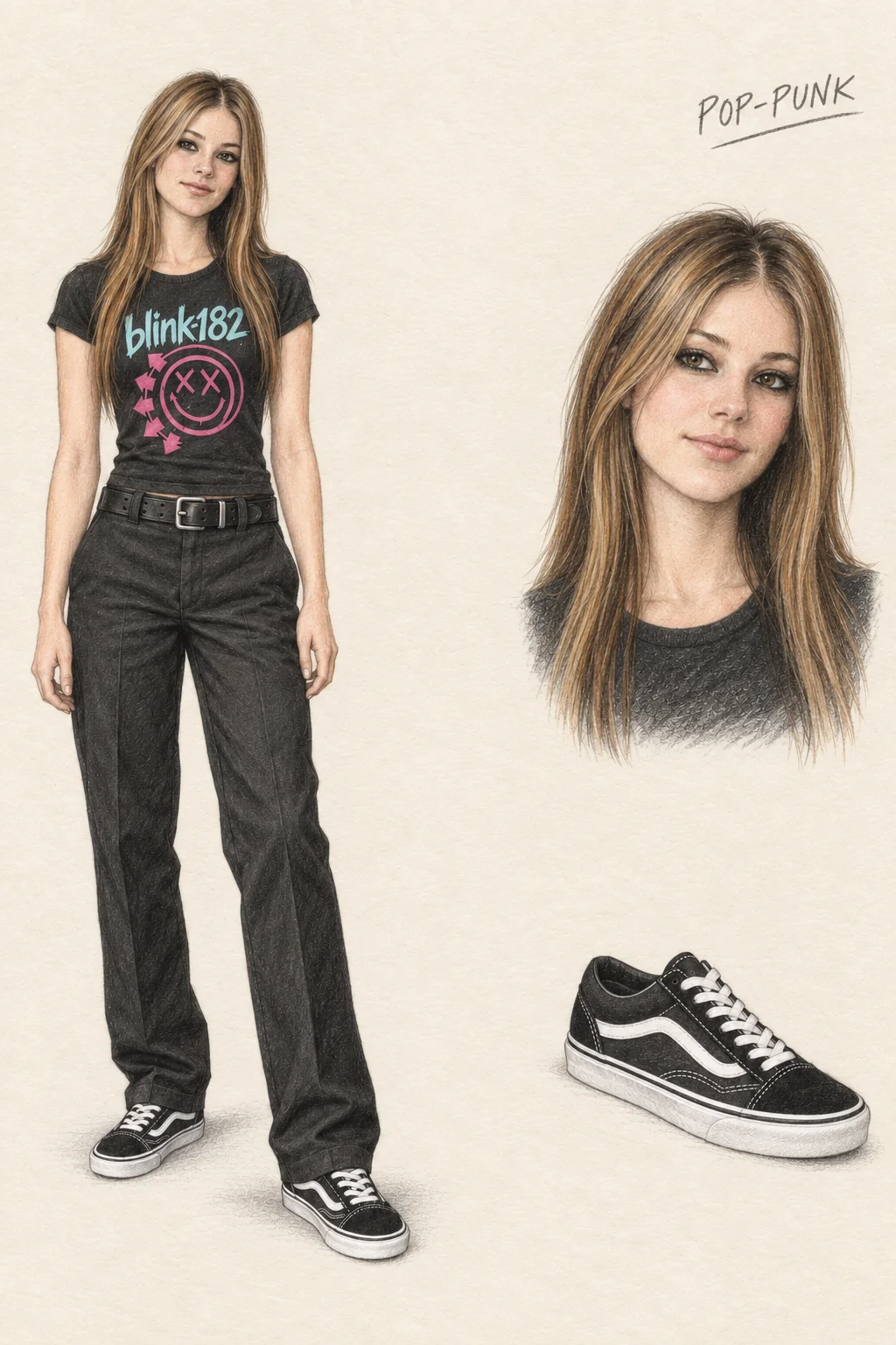 Pop-punk colored-pencil sketch sheet with a youthful woman in a black aqua-and-pink band tee, black work trousers, double-prong belt and black-and-white skate shoes, plus matching portrait and shoe studies.
