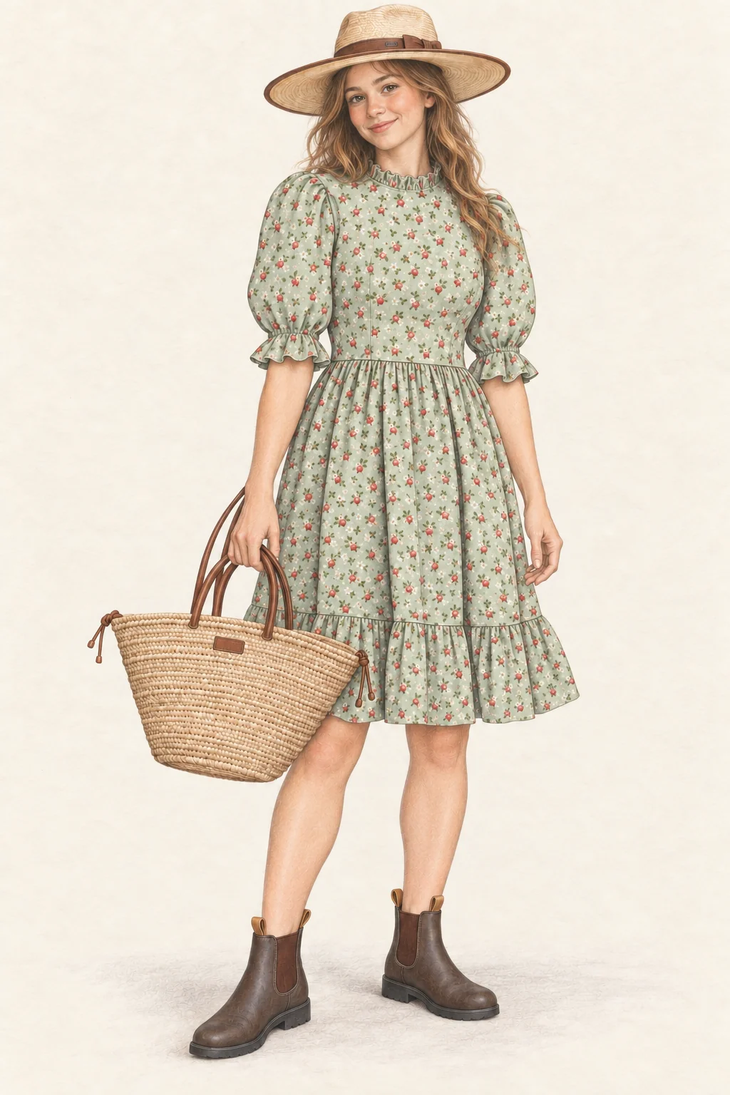 Detailed colored-pencil portrait on warm ivory paper of a young woman with soft waves in a mint apple-print ruffled dress, brown Chelsea boots and a natural straw hat, carrying a natural raffia basket.