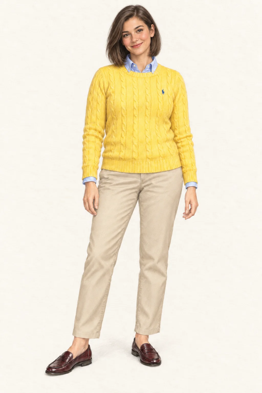 Detailed colored-pencil portrait on warm ivory paper of a young woman with a softly waved brunette bob, wearing a yellow cable sweater over a blue button-down, khaki chinos and burgundy penny loafers.
