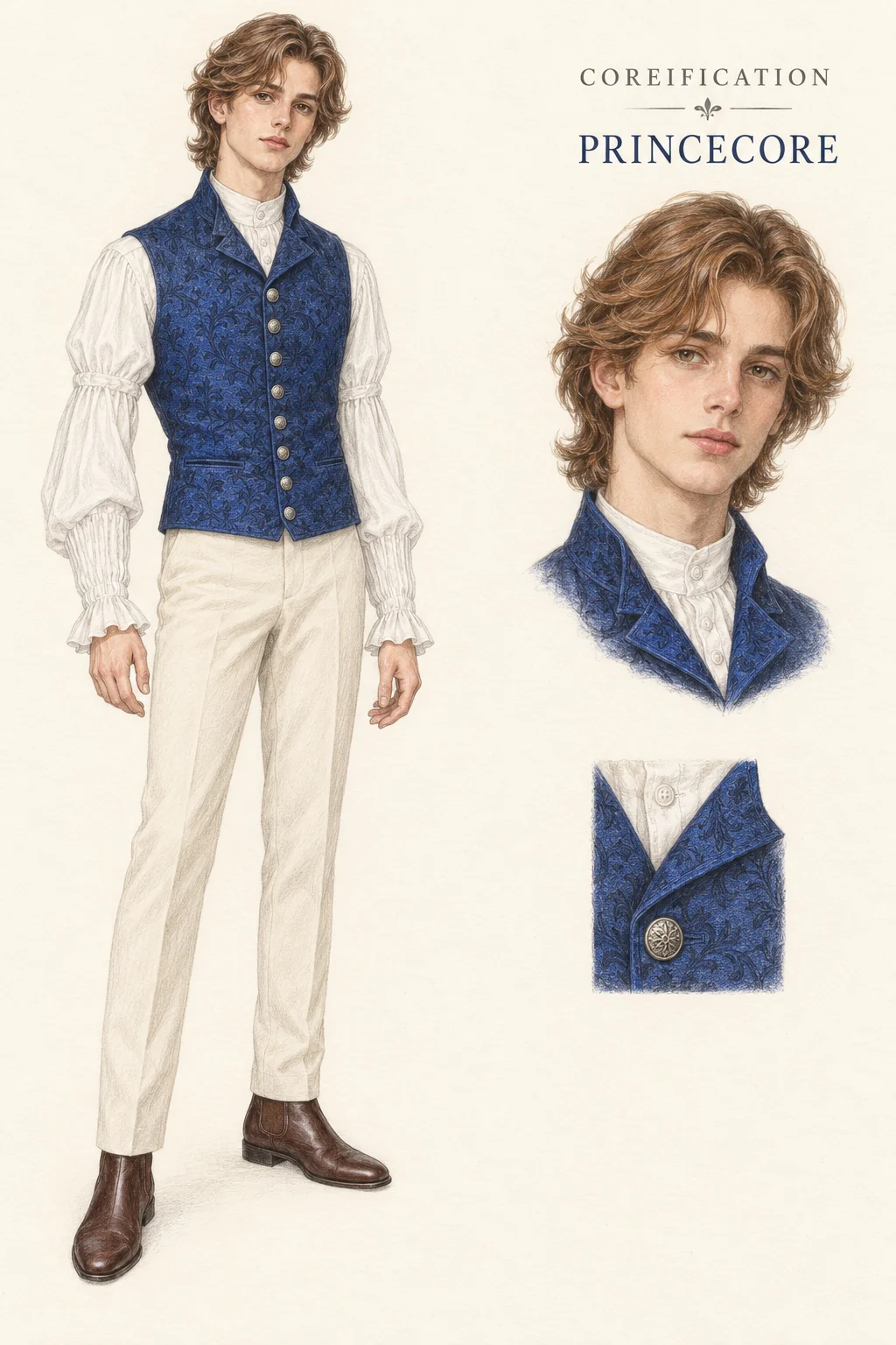 Detailed colored-pencil Princecore sheet on warm ivory paper. Blue brocade, white gathered sleeves and romantic waves. A complete youthful fictional figure at left, matching face and item studies at right.