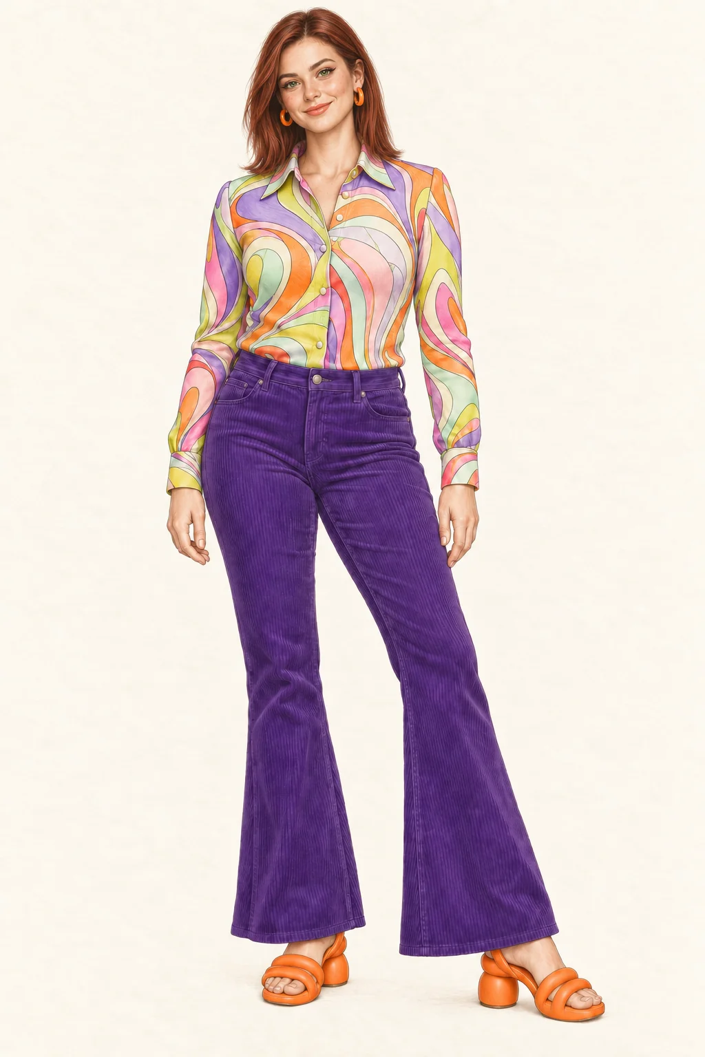 Detailed colored-pencil portrait on warm ivory paper of a young woman with straight copper hair, wearing a multicolored swirl-print shirt, violet flared corduroy trousers, orange molded sandals and bright drop earrings.