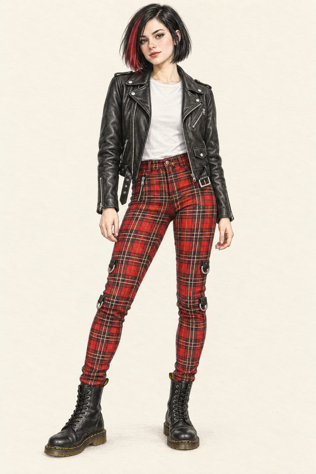 Detailed colored-pencil portrait on warm ivory paper of an adult woman with a black and red bob, wearing an open black motorcycle jacket, white tee, red plaid trousers and black lace-up boots.