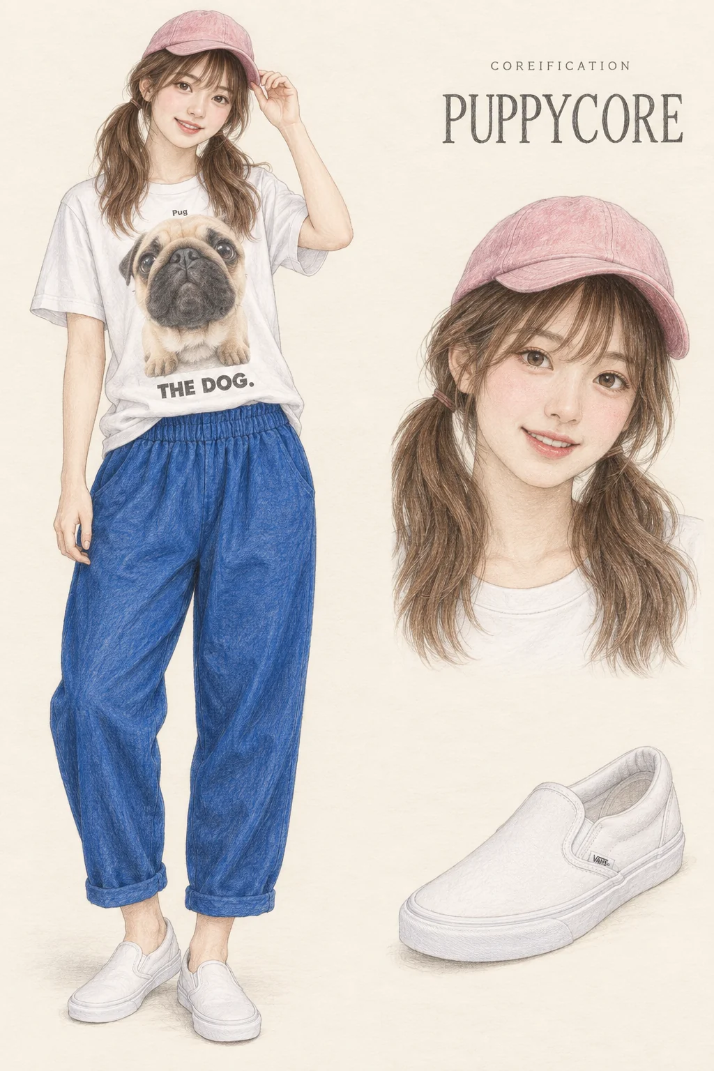 Detailed colored-pencil Puppycore fashion sheet on warm ivory paper. A photographic pug tee, pink cap and strong-blue trousers. A complete youthful fictional figure stands at left with matching face and item studies at right.