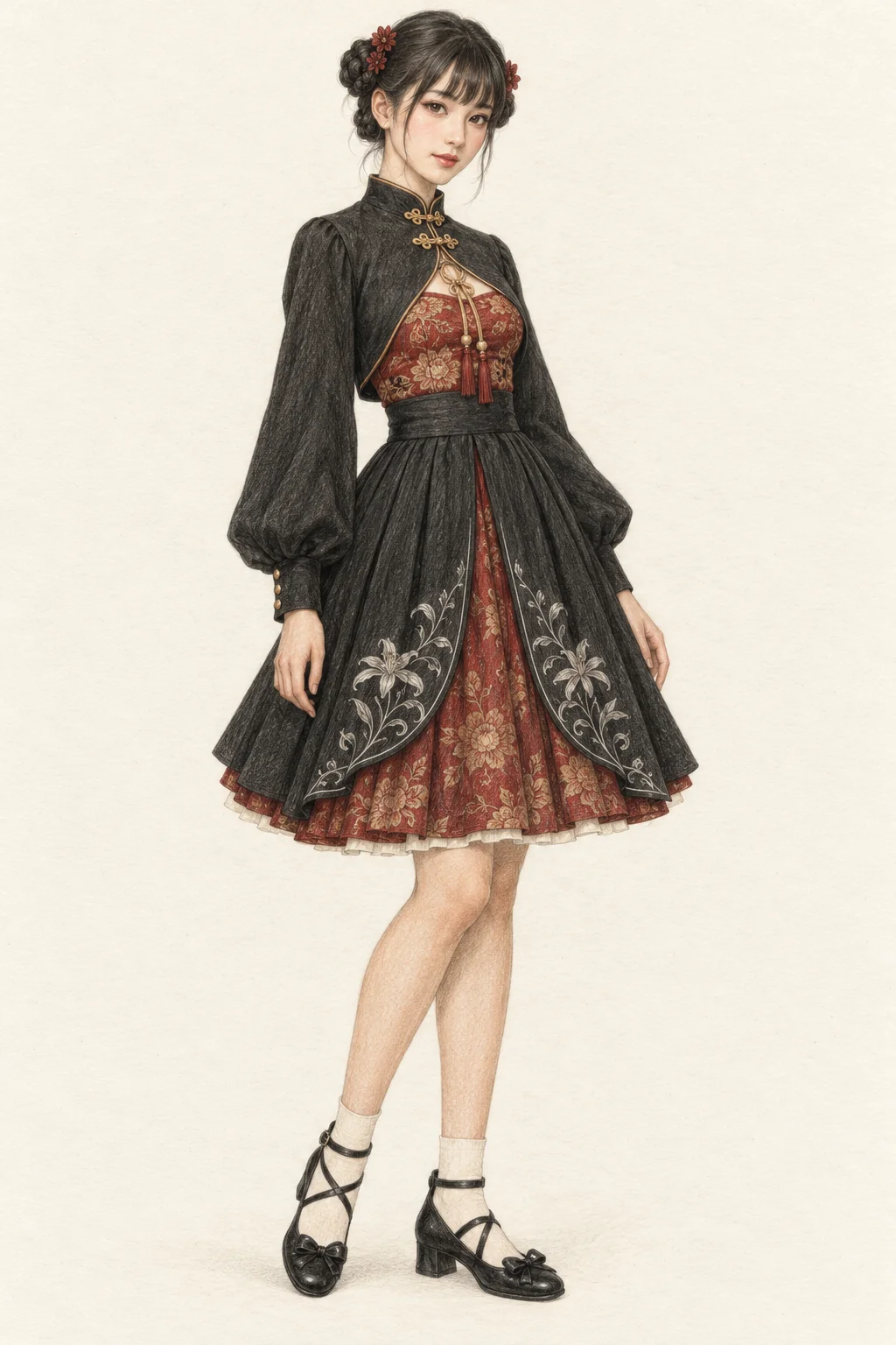 Colored-pencil figure wearing a black standing-collar bolero, red-and-black full skirt and black strap shoes.