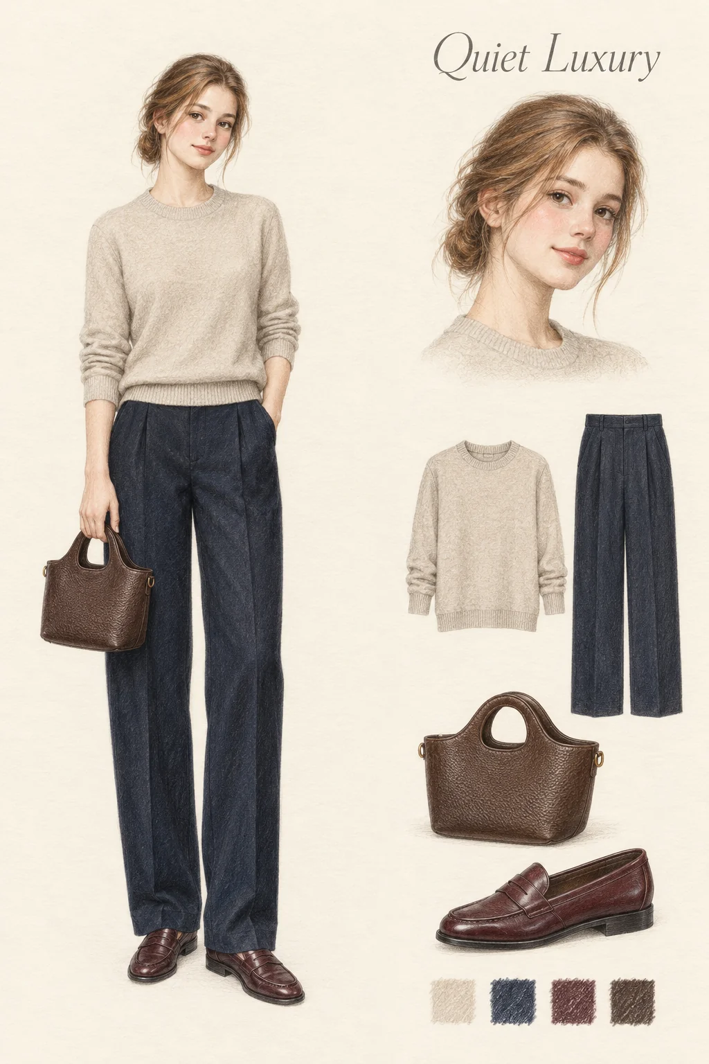 Full-length colored-pencil sketch on warm ivory paper. Youthful soft face with warm low bun, loose cheek wisps, peach-rose cheeks and lightly rosy lips. Main figure and close portrait match. Oatmeal fine crewneck with pushed sleeves, navy front-pleated broad trousers, wine penny loafers and chestnut cutout-handle tote. Complete head, hands/pocket placement, bag and both full loafers fit inside the crop. Separate matching face and clothing studies at right.