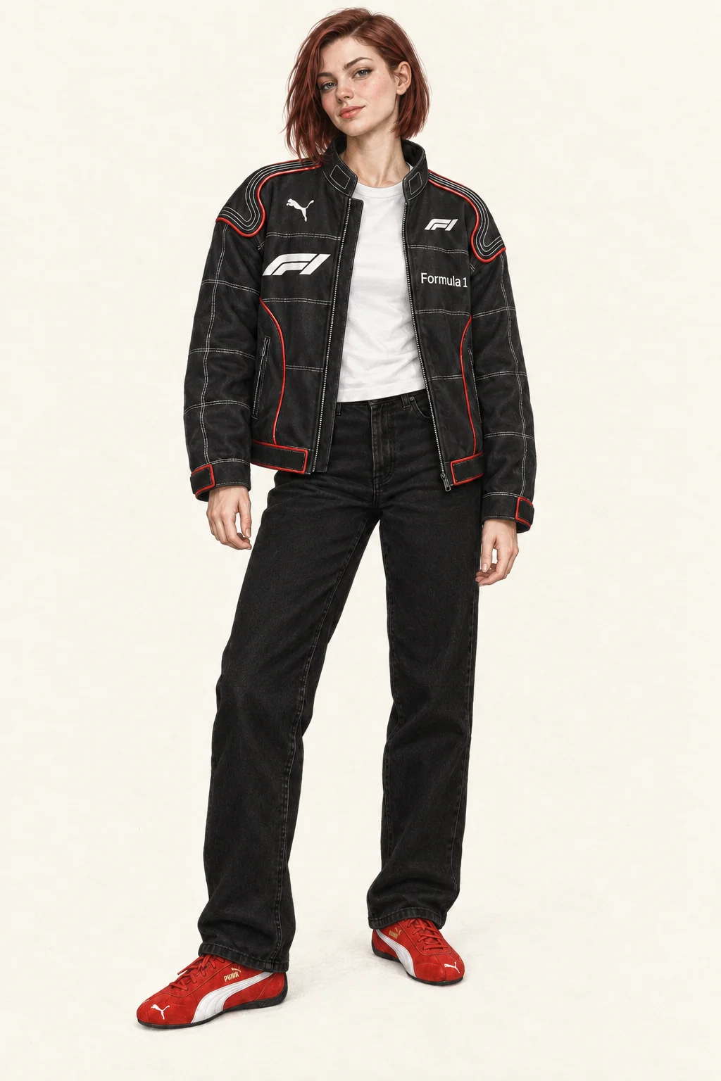 Detailed graphite and colored-pencil full-body portrait on warm ivory paper of a young adult woman with a straight auburn bob and a confident half smile. She wears an open black racing-style jacket with white grid stitching and red piping, a plain white crewneck tee, loose black jeans and red low sneakers with white side stripes. Her arms rest at her sides, one leg angles outward, and her complete hair, hands and both shoes are visible.