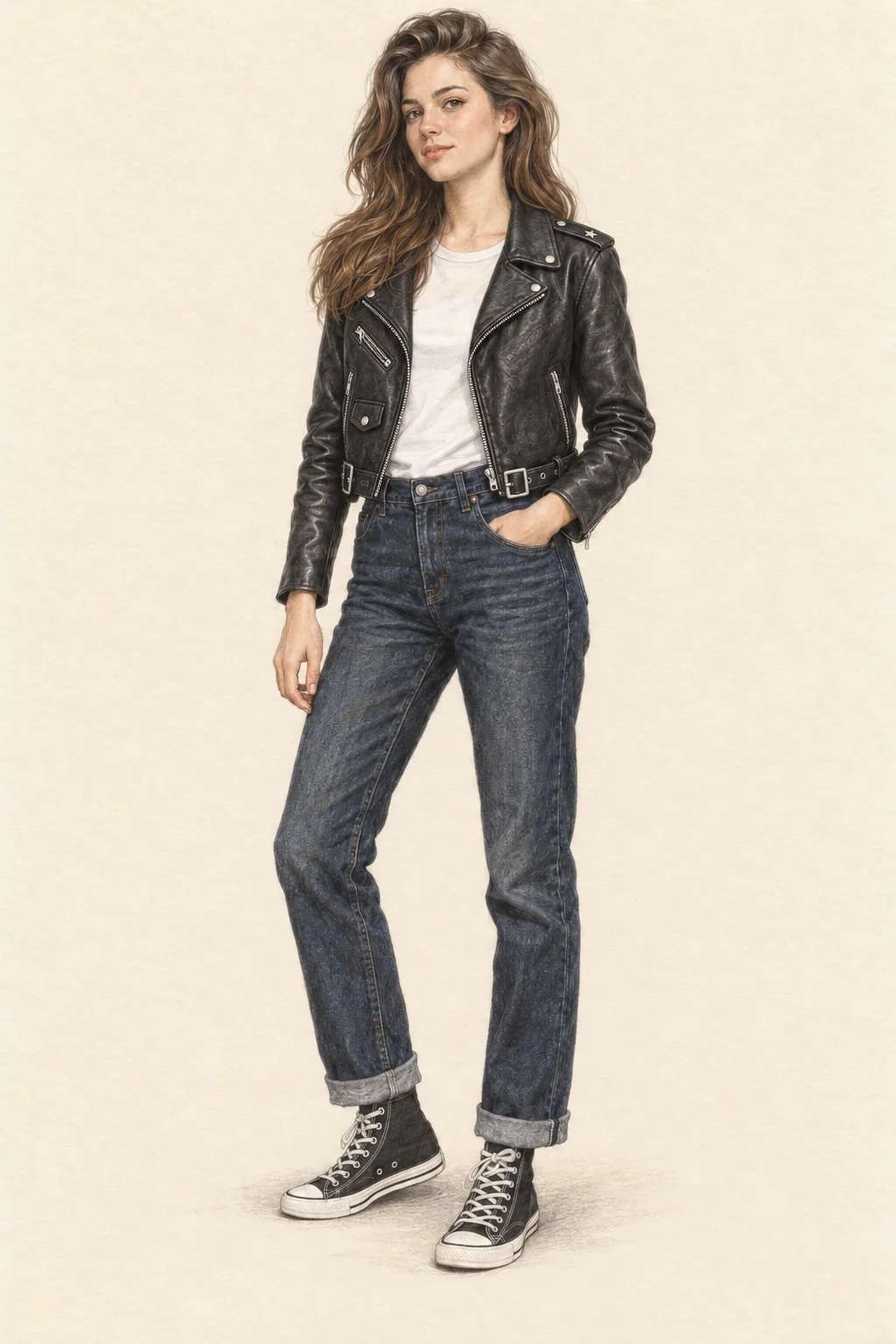 Youthful Raggare pencil fashion sketch: cruising-era leather, white cotton and cuffed indigo.
