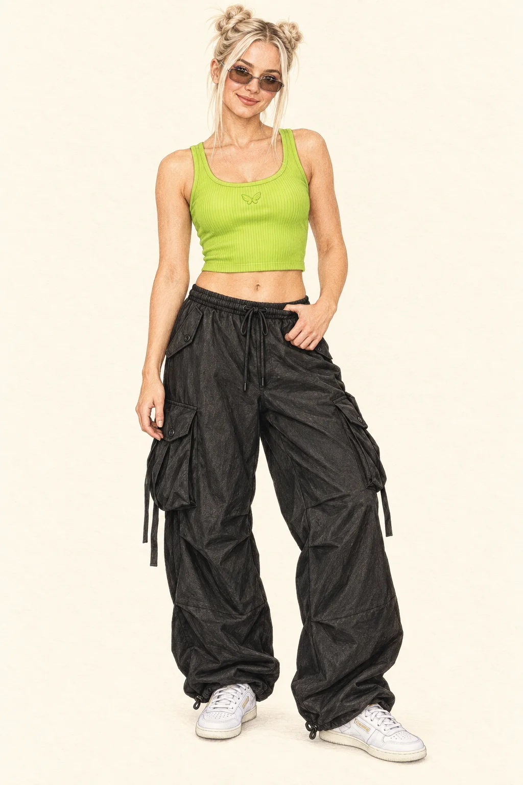 Detailed colored-pencil portrait on warm ivory paper of a young adult woman with blonde twisted buns, lime cropped rib tank, baggy black cargo trousers, white sneakers and small silver sunglasses.