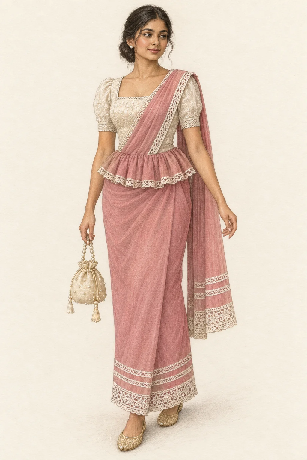 Fictional woman wearing a dusty rose and ivory made-up osariya with waist frill and gold flats.