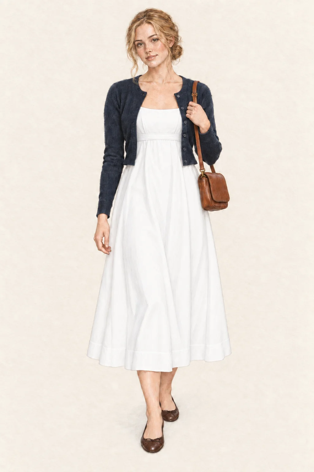 Detailed graphite and colored-pencil full-body portrait on warm ivory paper of a young adult woman with softly wavy blonde hair in a loose low bun. She wears an open cropped navy cardigan over a white raised-waist midi dress, deep brown ballet flats and a small cognac leather shoulder satchel. One hand holds the strap, one rests at her side, and all hair, hands and shoes remain visible.