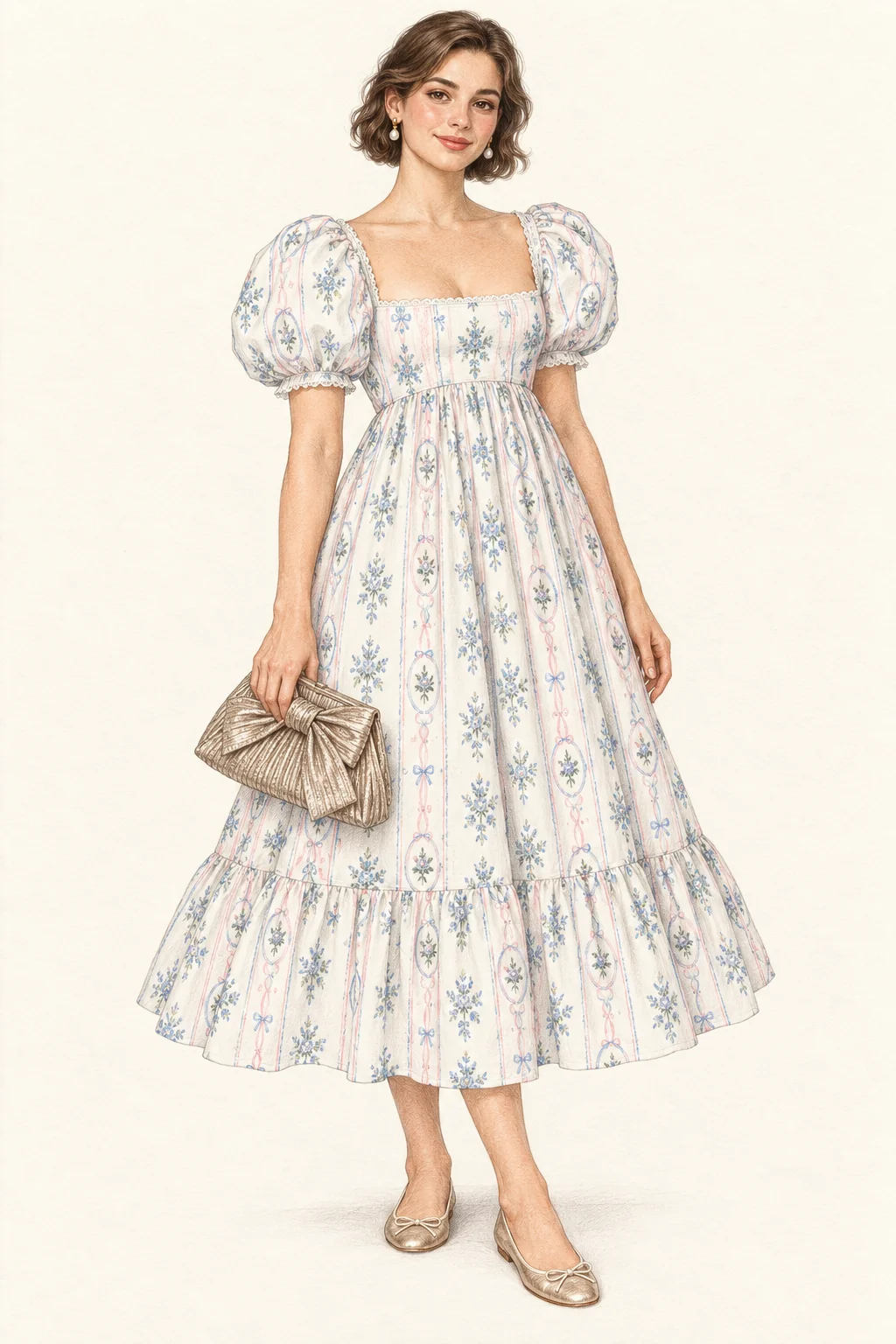 Detailed graphite and colored-pencil full-body portrait on warm ivory paper of a young adult woman with a softly wavy chestnut bob. She wears a pale blue floral puff-sleeve midi dress with a square neckline and broad hem flounce, small pearl earrings and gold ballet flats, holding a champagne pleated bow clutch beside one hip.