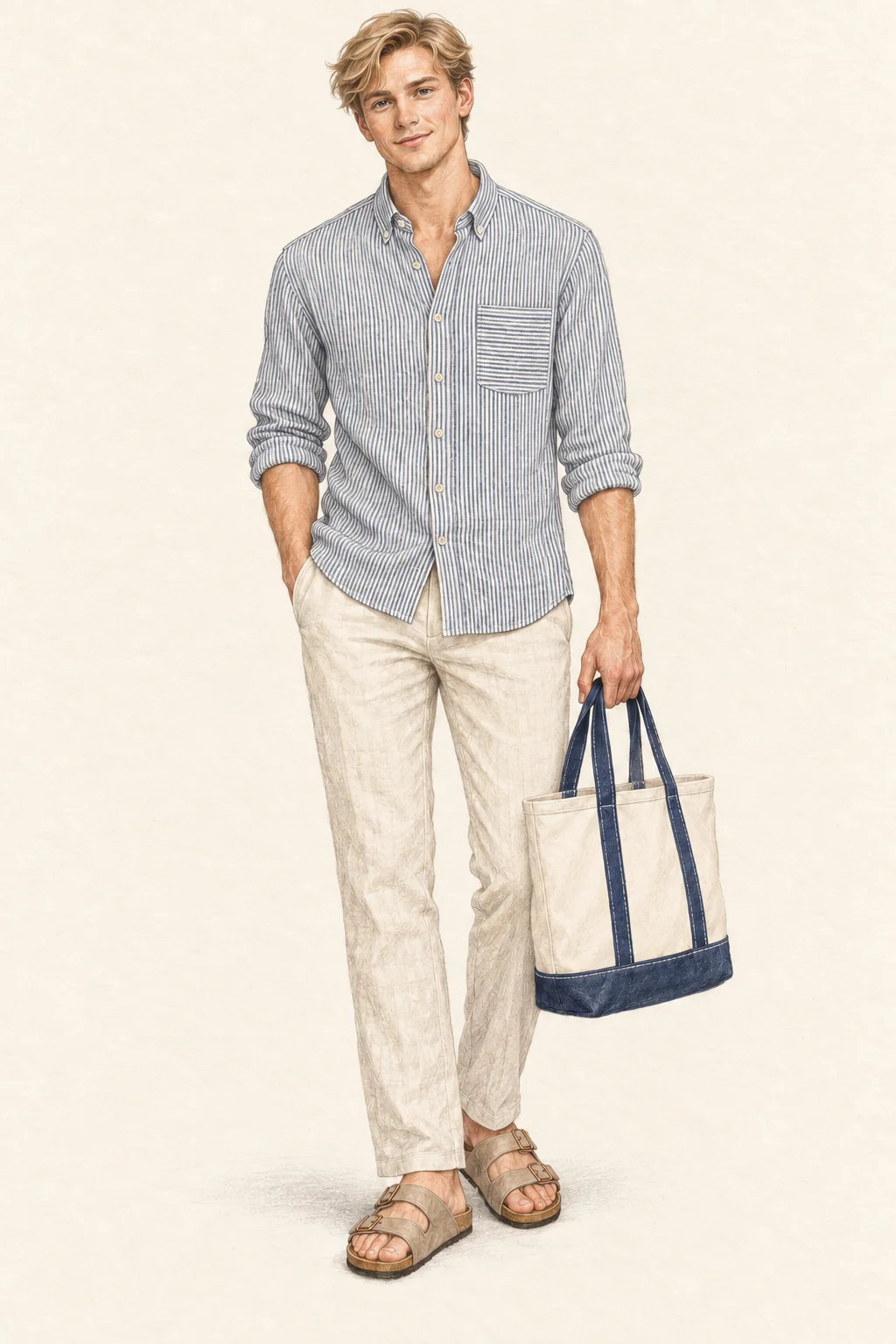 Full-length colored-pencil fashion sketch on warm ivory. Youthful clean-shaven face, loose blonde waves, natural brows and relaxed lips; light facial shading and natural slim proportions. Fine blue-white striped shirt with horizontal-striped pocket, rolled sleeves and untucked curved hem; pale straight trousers; two broad sandal straps and cork edge; blue-trim canvas tote. Both sandals and full tote safely inside crop.