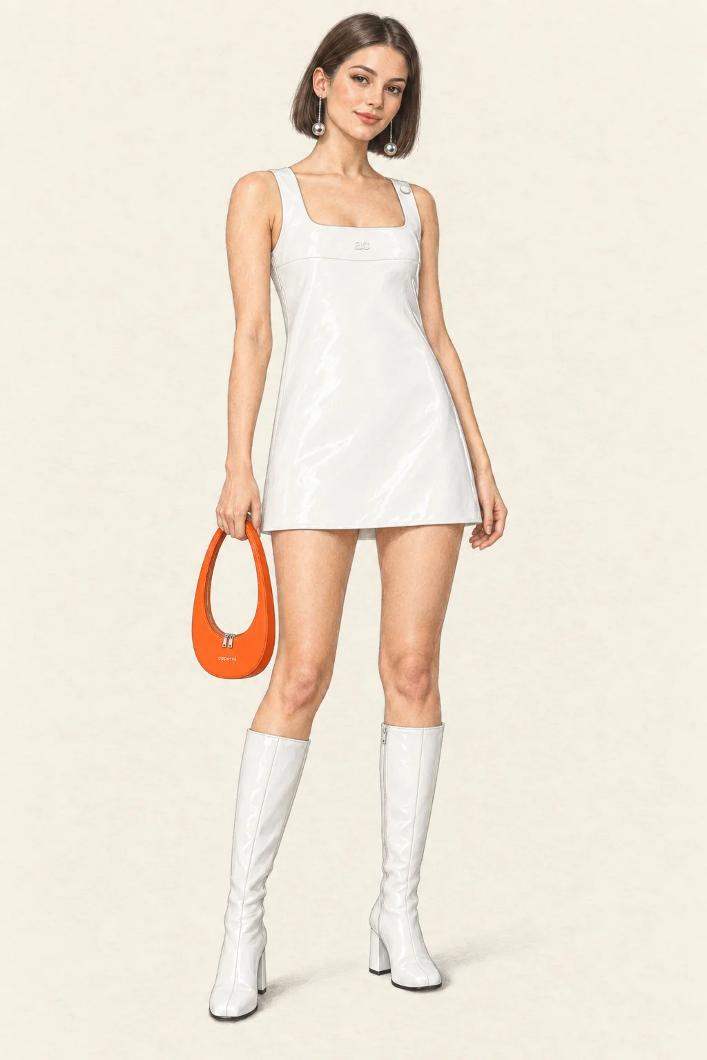 Youthful Retro Futurismcore pencil fashion sketch: white vinyl, tall boots and an orange oval bag.