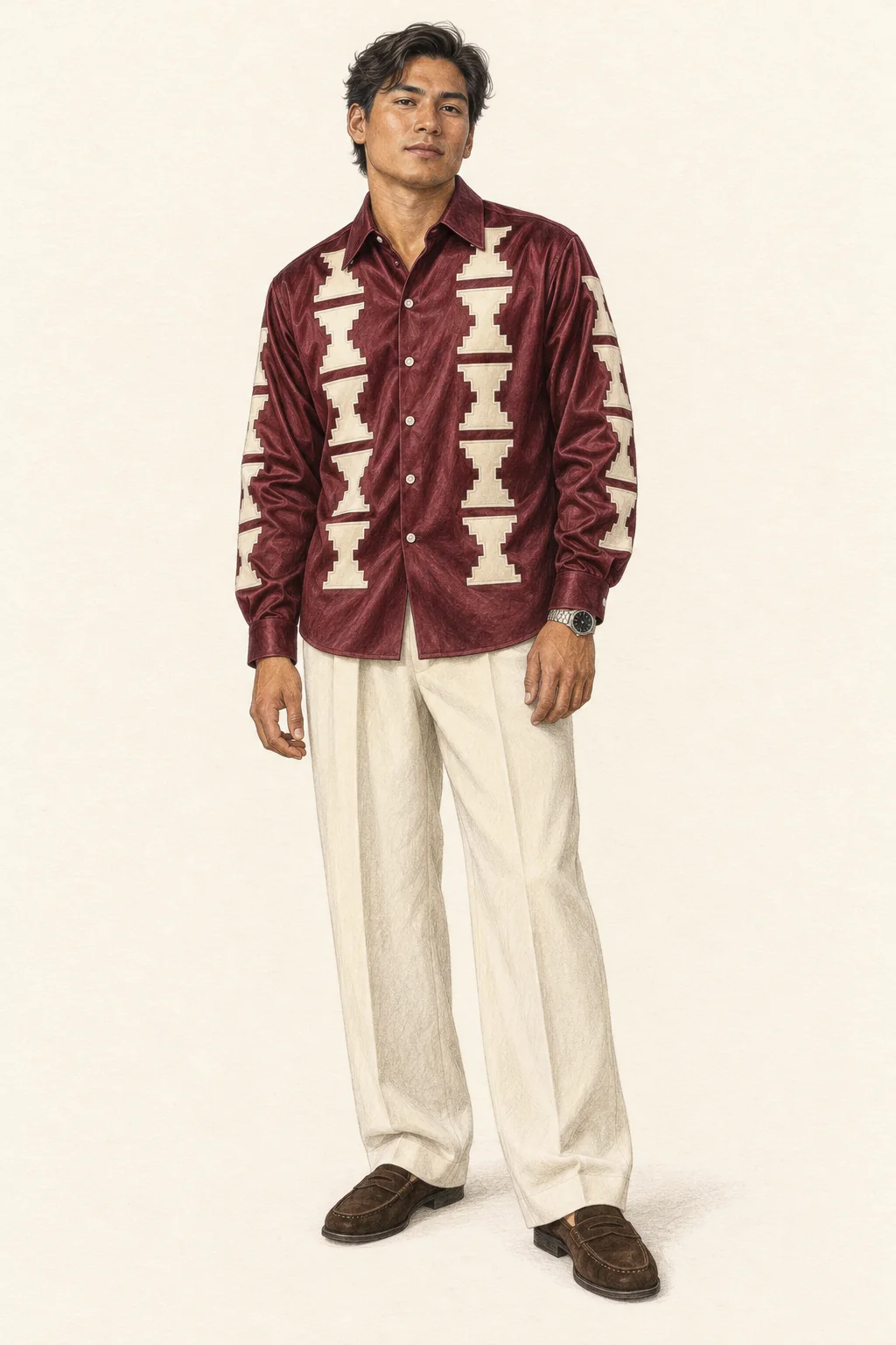 Full-length pencil illustration of a young man in a wine and ivory geometric-applique shirt, cream trousers and brown loafers.