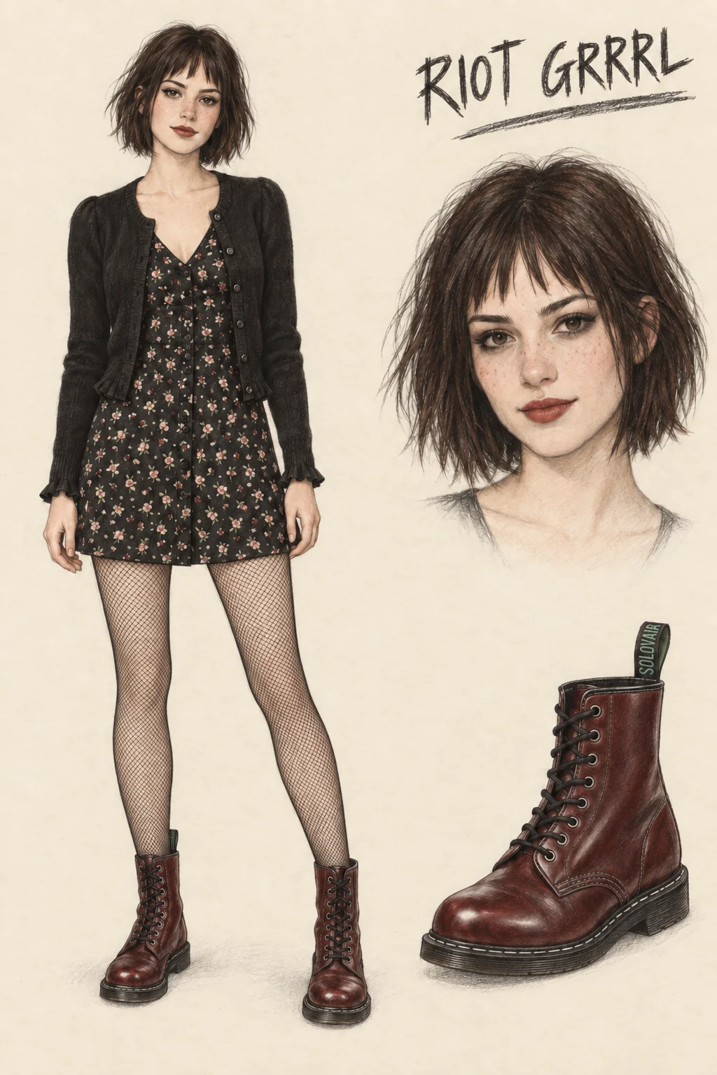 Riot Grrrl pencil sheet with a youthful dark-bobbed woman in a black floral mini dress, cropped black cardigan, fishnets and oxblood boots, beside matching portrait and boot studies.
