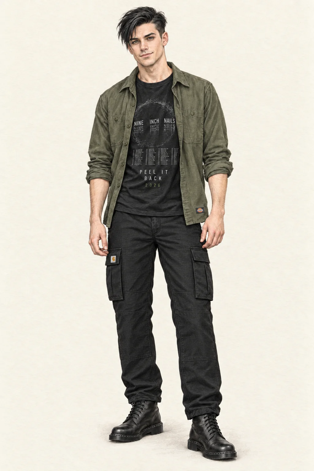 Realistic graphite and colored-pencil full-body portrait on warm ivory of a young adult man with a black side-swept undercut, an open olive work shirt over a black band tee, black cargo trousers and all-black lace-up boots. He stands with relaxed hands and a slight smile.