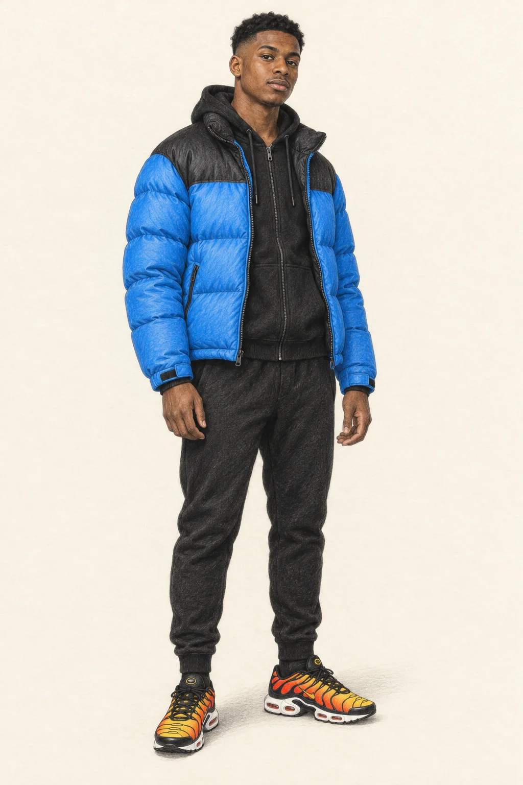 Full-length coloured-pencil illustration of a youthful fictional Black British man wearing a blue-and-black puffer, black hoodie and joggers, and orange-gradient trainers.