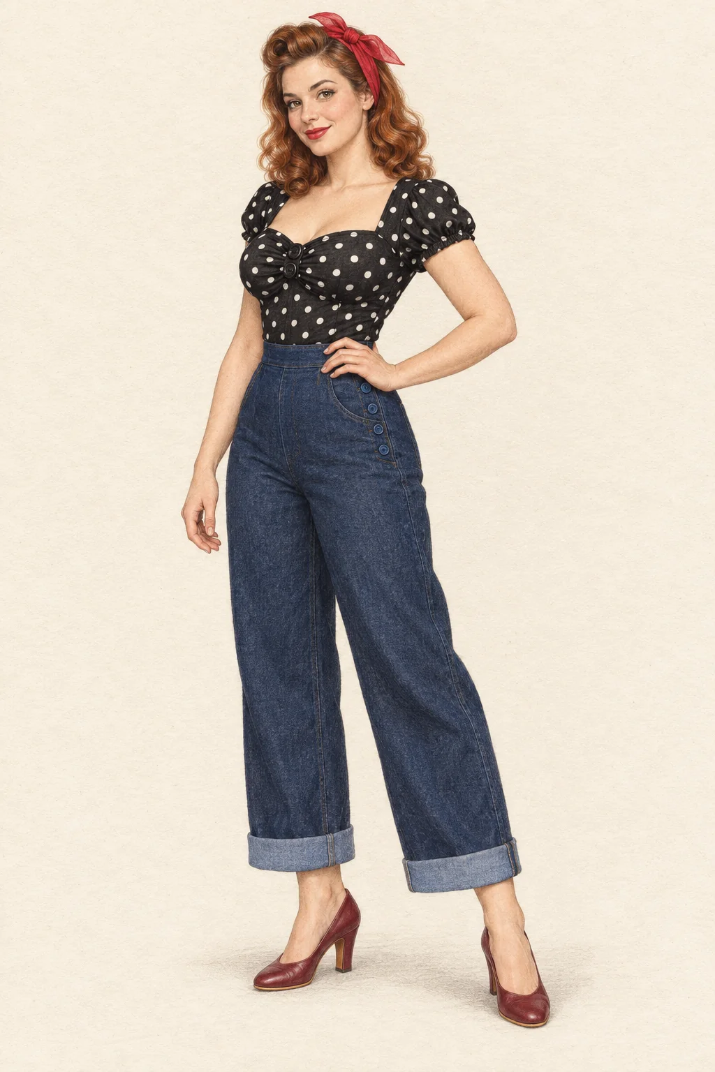 Detailed graphite and colored-pencil portrait of a smiling young adult woman with auburn waves and a red scarf, wearing a black-and-white polka-dot top, high-waisted wide cuffed jeans and maroon court shoes on warm ivory paper.