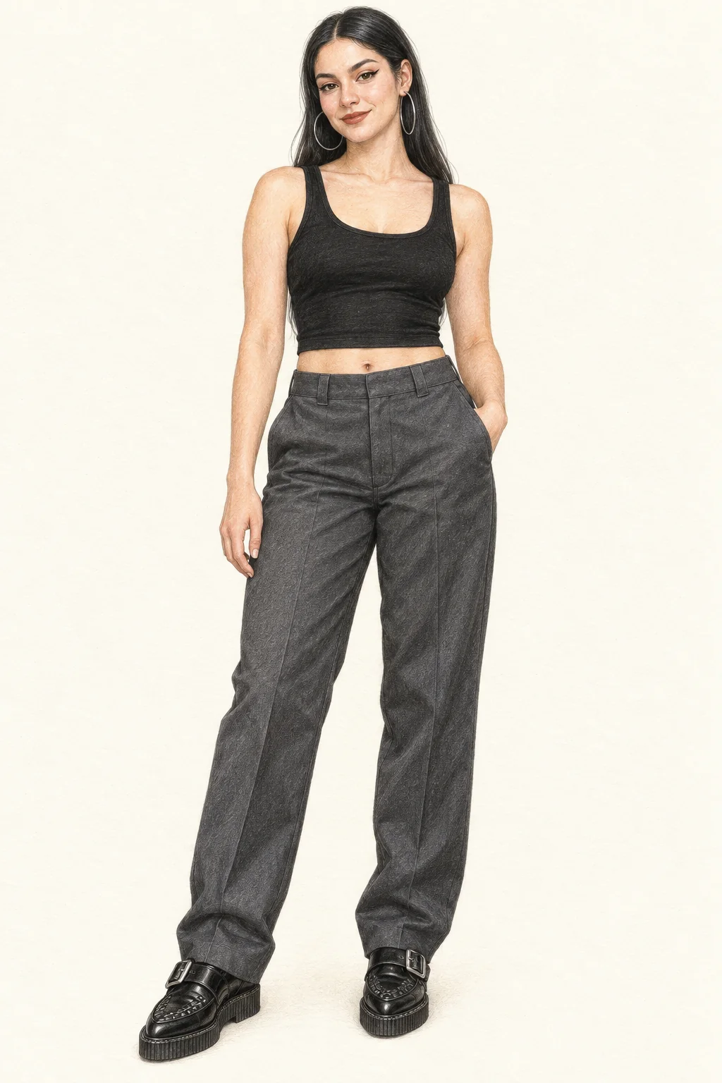 Colored-pencil full figure on ivory paper: a youthful woman with long straight dark hair, winged liner and hoops wears a black cropped tank, charcoal work trousers and black buckle creepers.