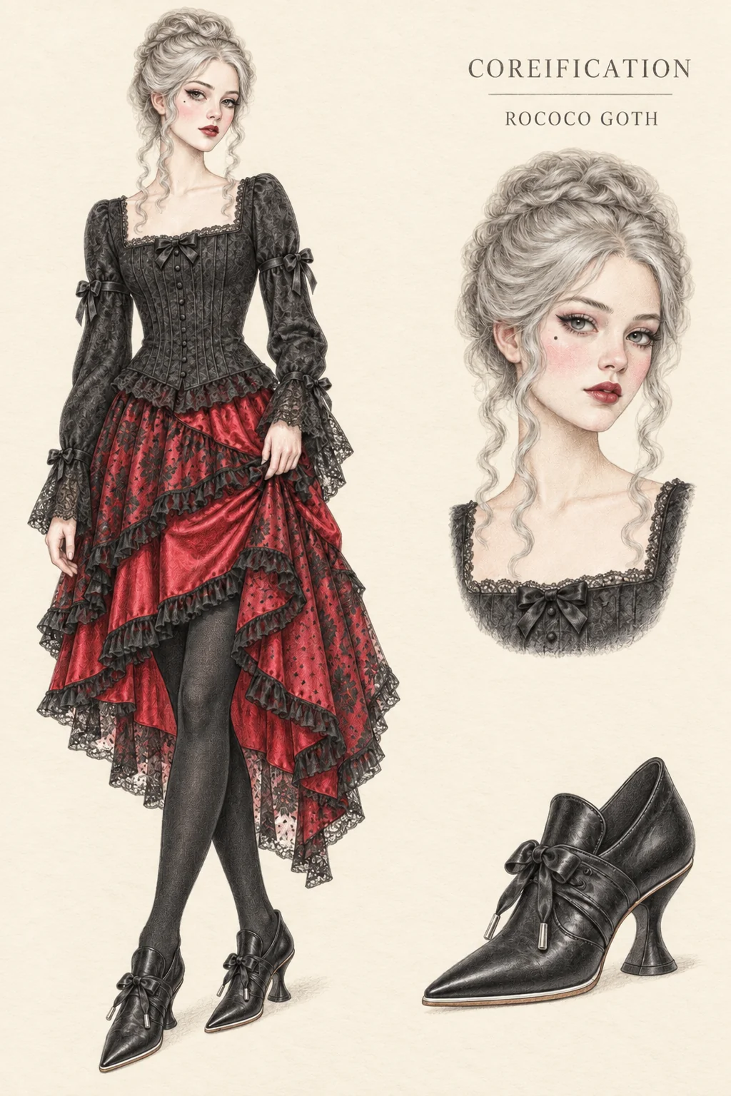 Detailed colored-pencil Rococo Goth sheet on warm ivory paper. Black brocade, scarlet ruffles and a silver piled updo. A complete youthful fictional figure at left, matching face and item studies at right.