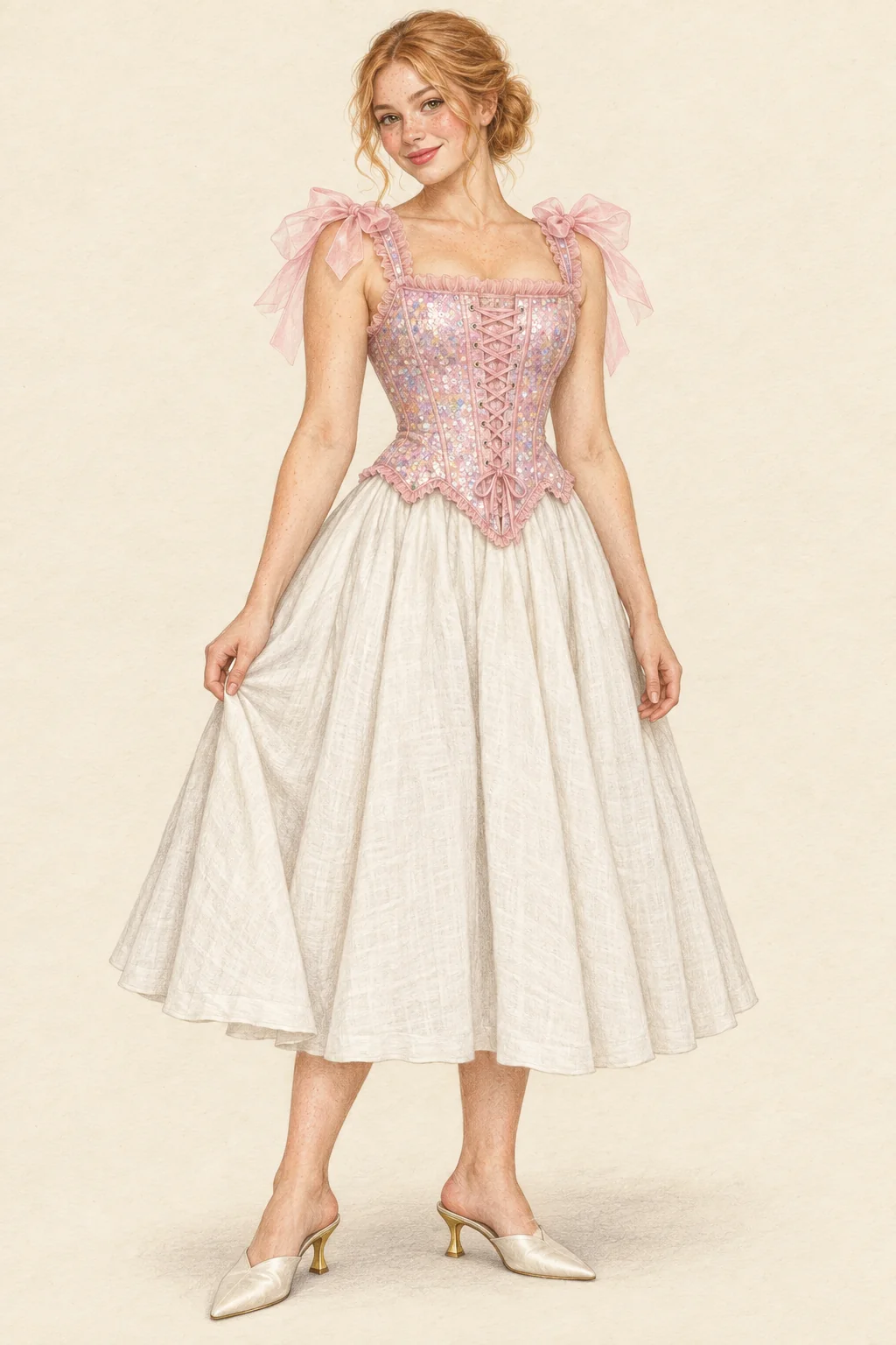 Realistic colored-pencil portrait on warm ivory paper of a young adult with strawberry-blond hair wearing a pink sequin corset with shoulder bows, a plain full white linen midi skirt over a hidden cotton petticoat, and ivory backless mules with gold heels.