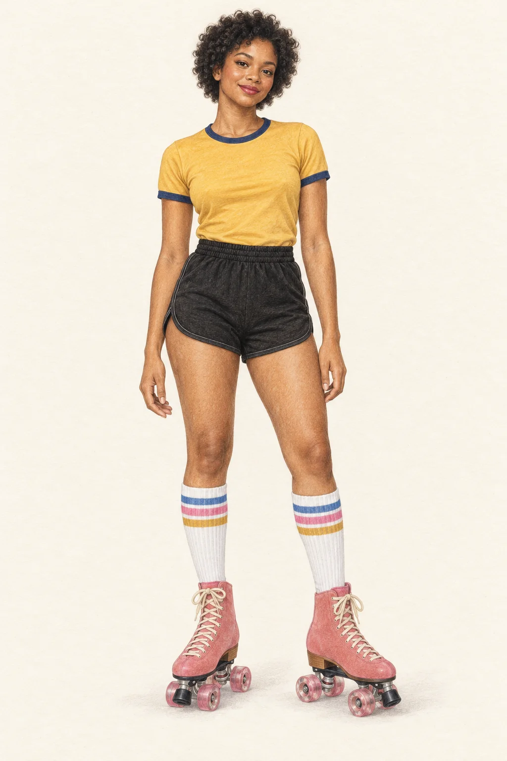 Full-length pencil portrait of a young Black woman in a yellow ringer tee, black athletic shorts, striped socks and pink quad roller skates.