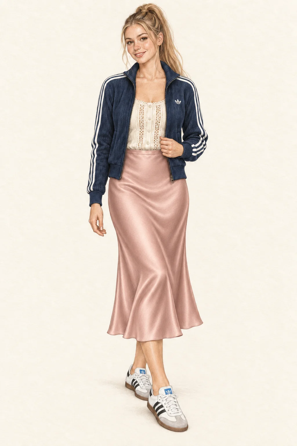 Full-length colored-pencil fashion sketch on warm ivory paper. Retained youthful smiling face, high blonde ponytail and fine loose strands, rose cheeks, pink lips and gently defined lashes. Natural slender figure and softly shaded exposed ankles. Open navy striped track jacket above ecru lace-panel top and dusty pink satin midi; white/black gum-soled trainers. Exact crop preserves ponytail, both hands, skirt flare and both complete shoes.