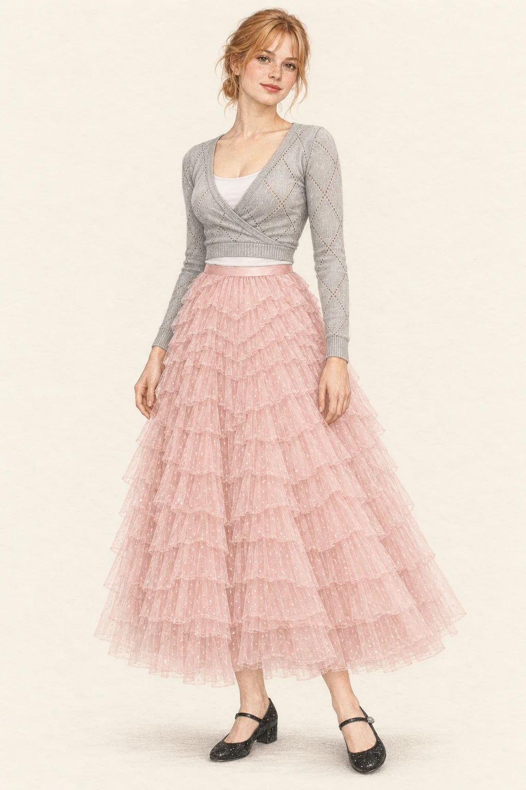 Realistic colored-pencil portrait on warm ivory paper of a young adult with copper hair, a grey diamond-knit wrap, white scoop layer, pale pink ruffled ankle skirt and black shimmering Mary Janes.