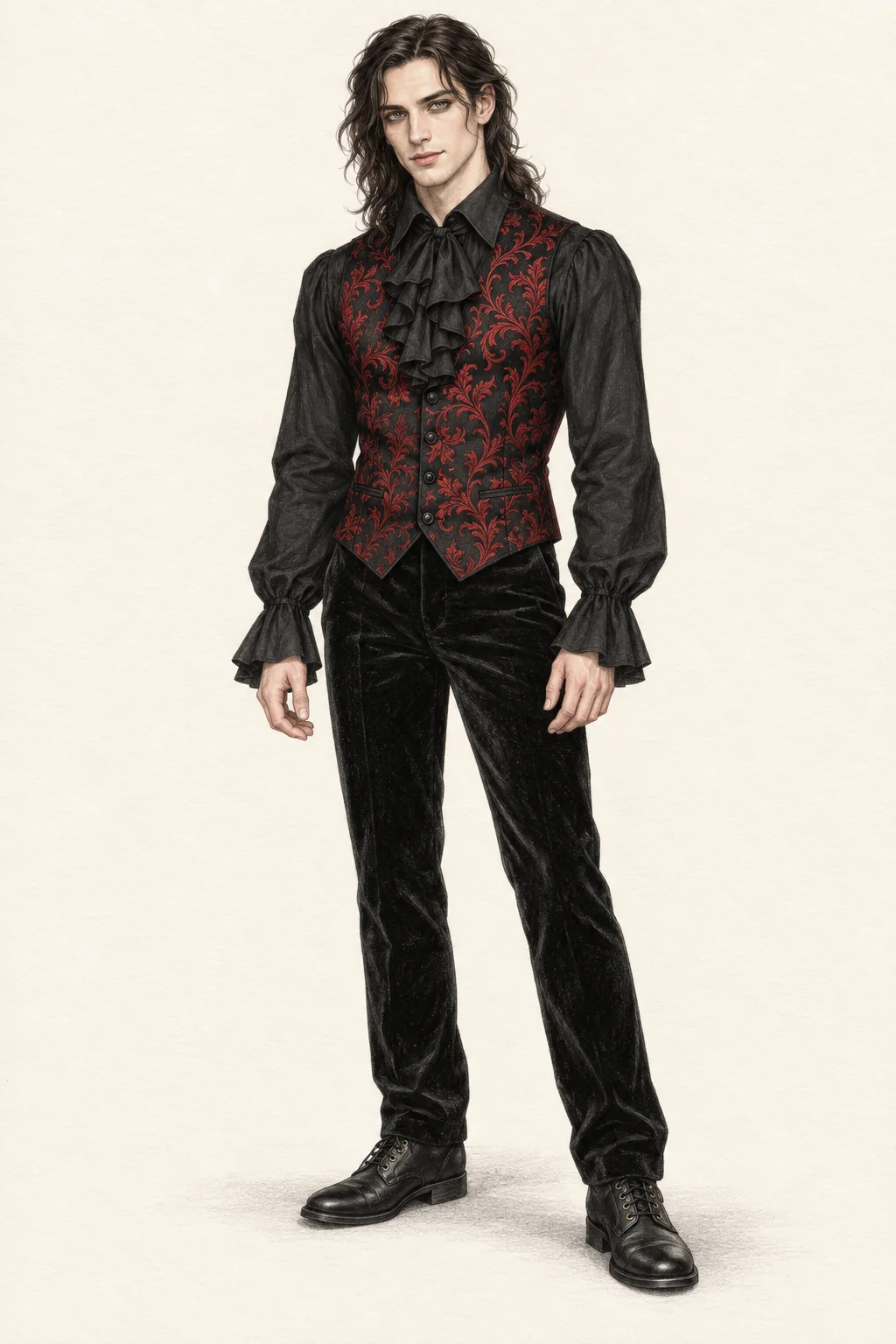 Detailed colored-pencil full-body portrait on warm ivory paper of a young man with dark shoulder-length hair wearing a black ruffled shirt, red-on-black patterned waistcoat, velvet trousers and low black lace-up boots.