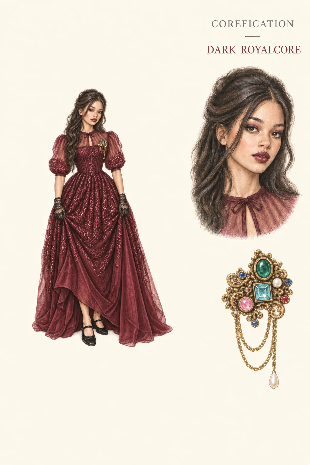 Detailed colored-pencil Dark Royalty sheet on warm ivory paper. Burgundy brocade, black lace and an ornate stone brooch. A complete youthful fictional figure at left, matching face and item studies at right.