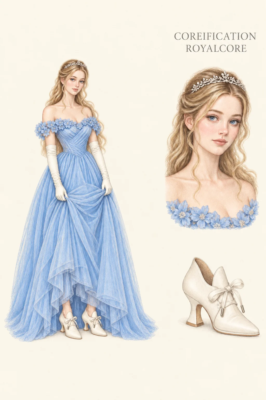 Detailed colored-pencil Royalcore sheet on warm ivory paper. Blue floral tulle, ivory gloves and a low leaf tiara. A complete youthful fictional figure at left, matching face and item studies at right.